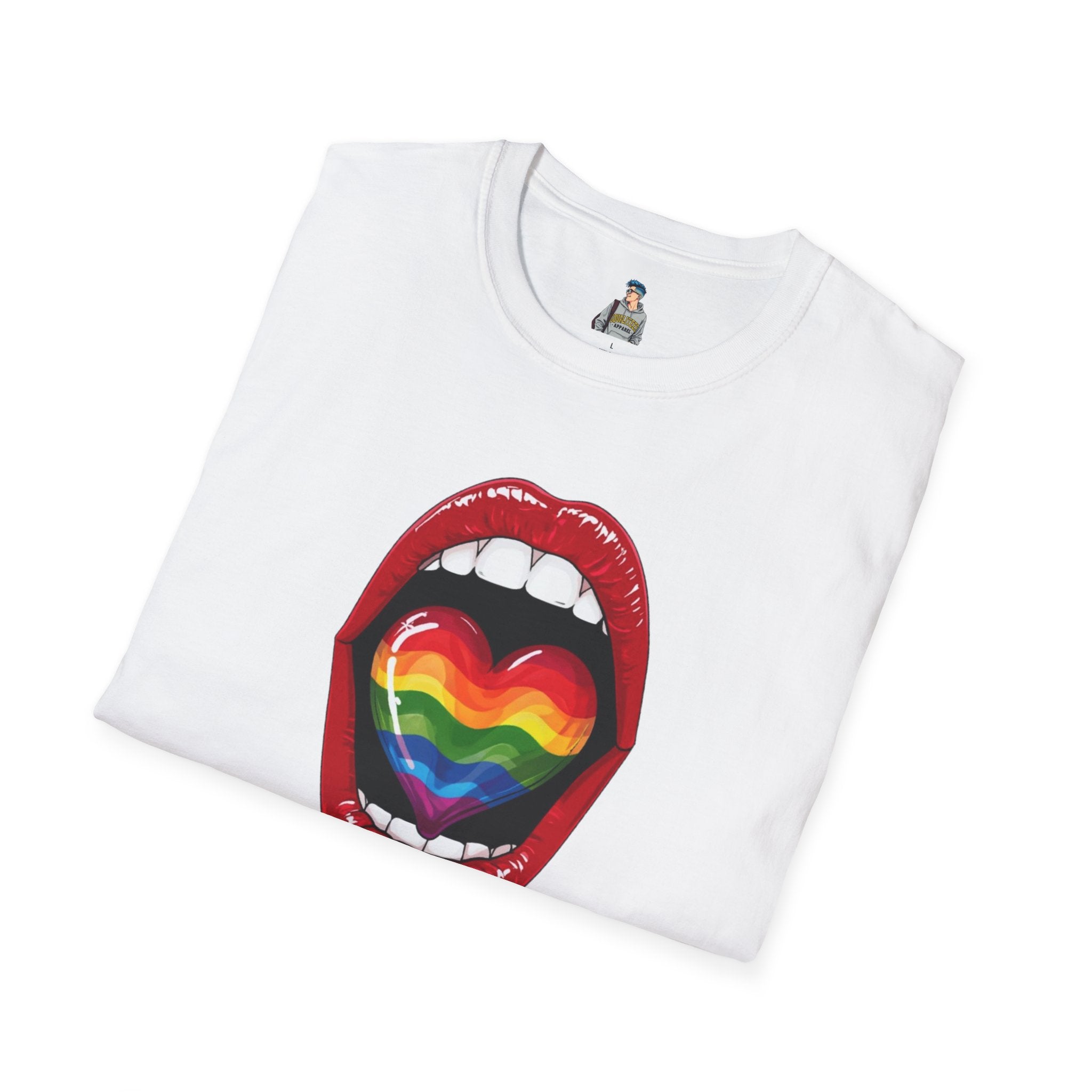 Pride Love Unisex Softstyle T-Shirt | LGBTQ+ Rainbow Heart Design