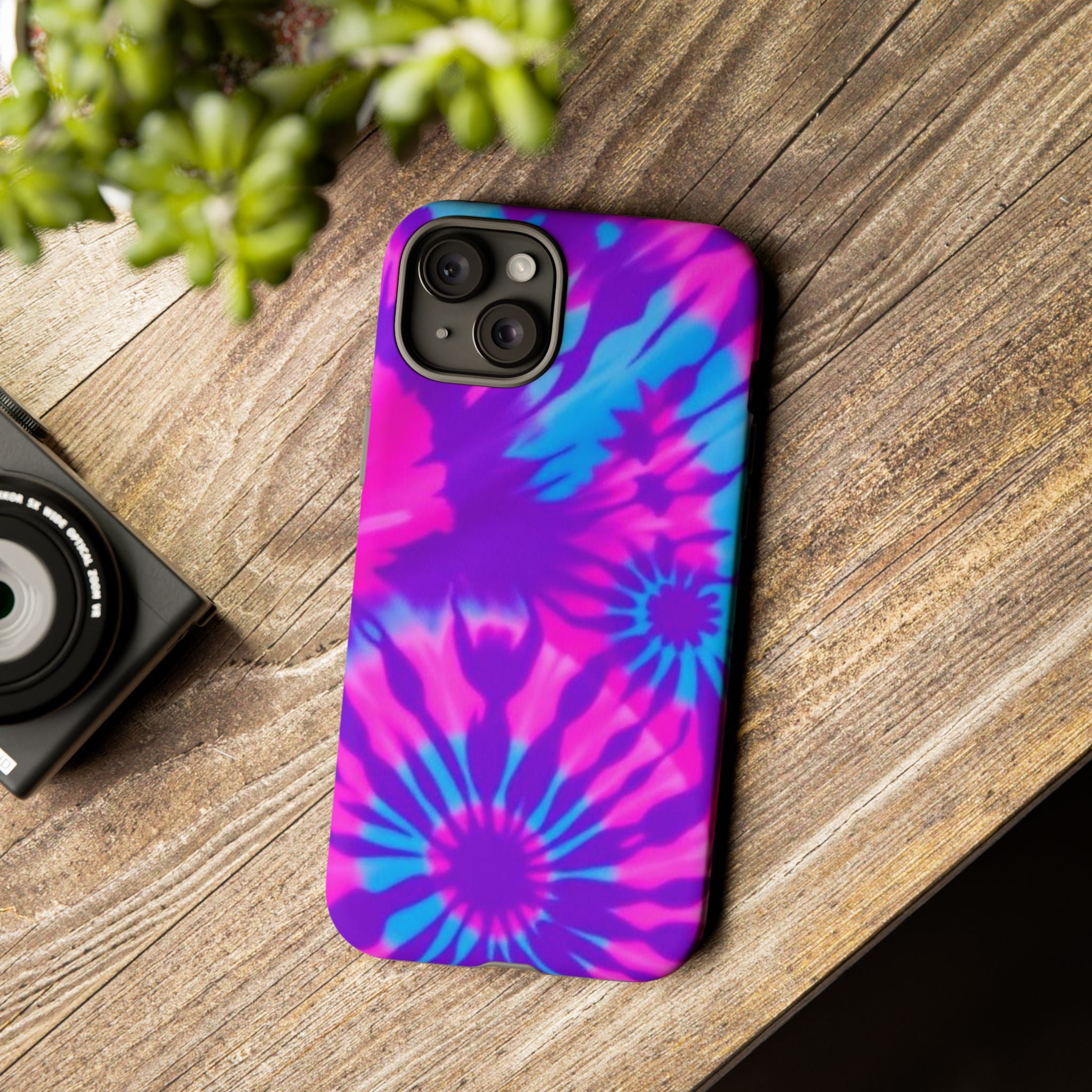 Tie-Dye Floral Phone Case for iPhone — Pink & Blue Retro Protective Tough Case