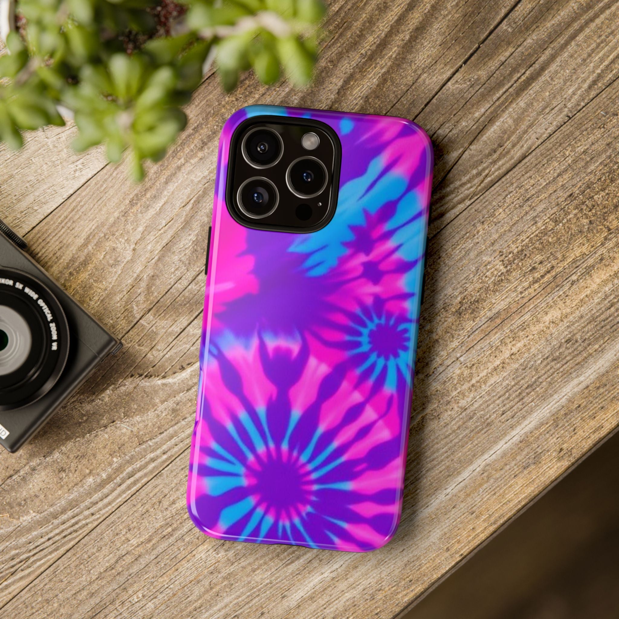 Tie-Dye Floral Phone Case for iPhone — Pink & Blue Retro Protective Tough Case