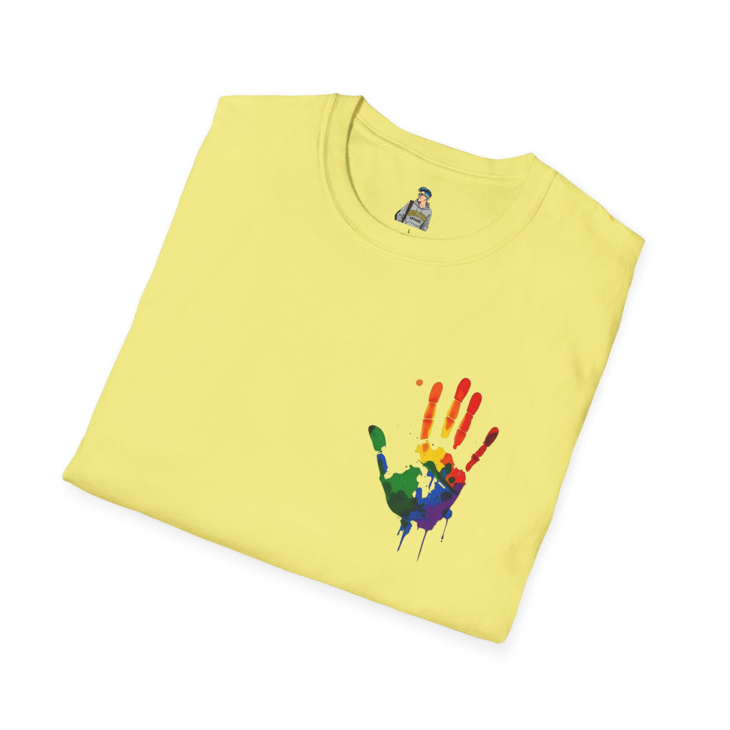 Inclusive Art Unisex Softstyle T-Shirt – ‘ Rainbow Handprint We All Belong’