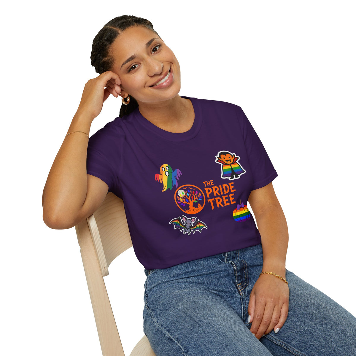 The Pride Tree Halloween T‑Shirt — Rainbow Ghosts, Pumpkins & Bat Graphic Tee