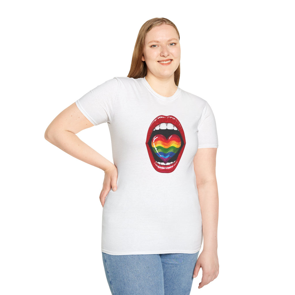 Pride Love Unisex Softstyle T-Shirt | LGBTQ+ Rainbow Heart Design