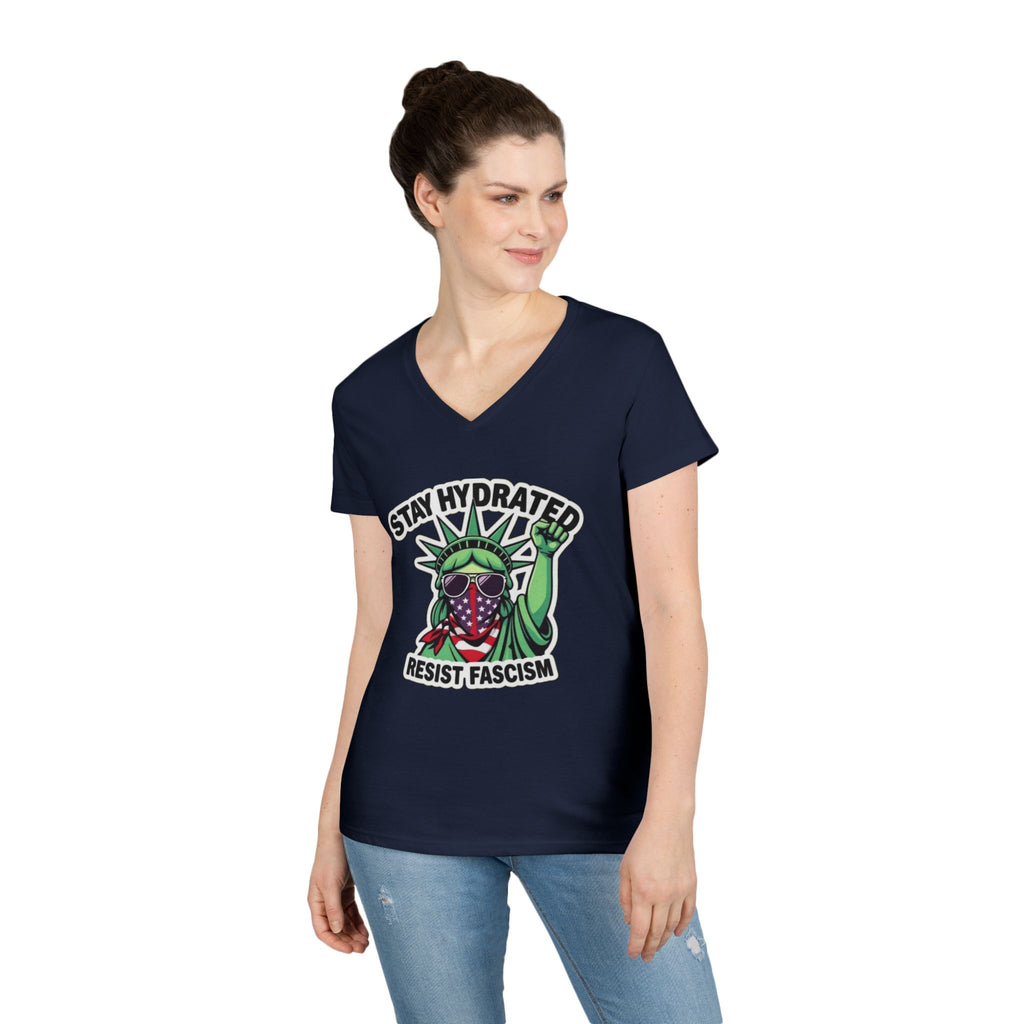Stay Hydrated Resist Fascism V-Neck T-Shirt - Empowering Design