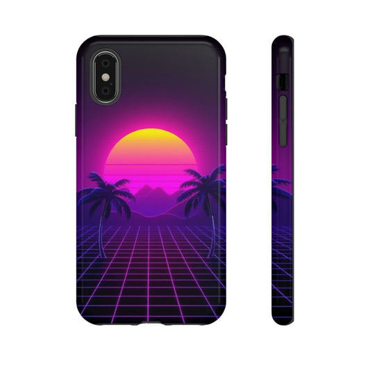 Android OR iPhone Compatible Cases - 80's Digital Grid Sunset Design - Unique Tough Cases