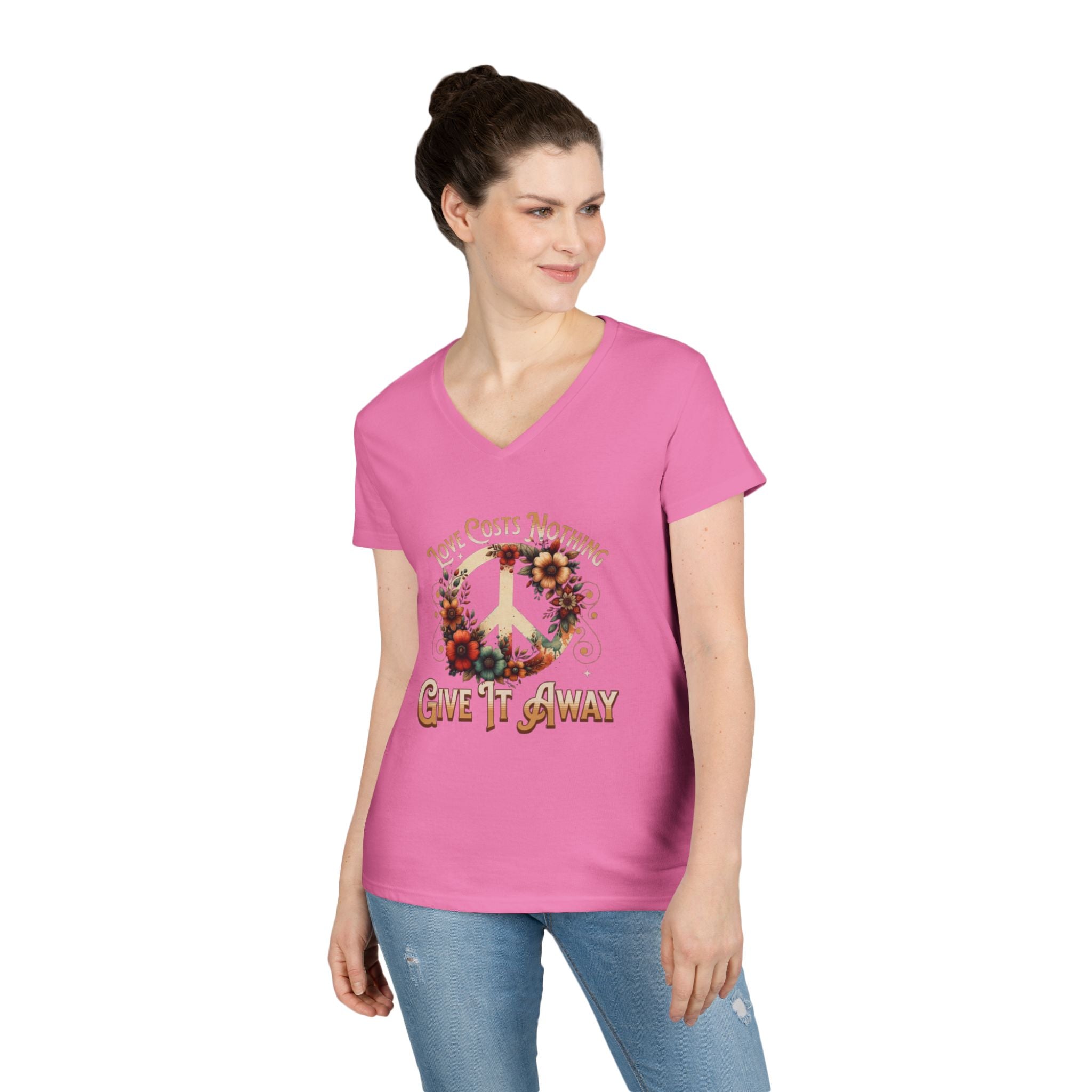 Women's Peace Love T-Shirt - Give It Away | Floral V-Neck Tee for Positive Vibes