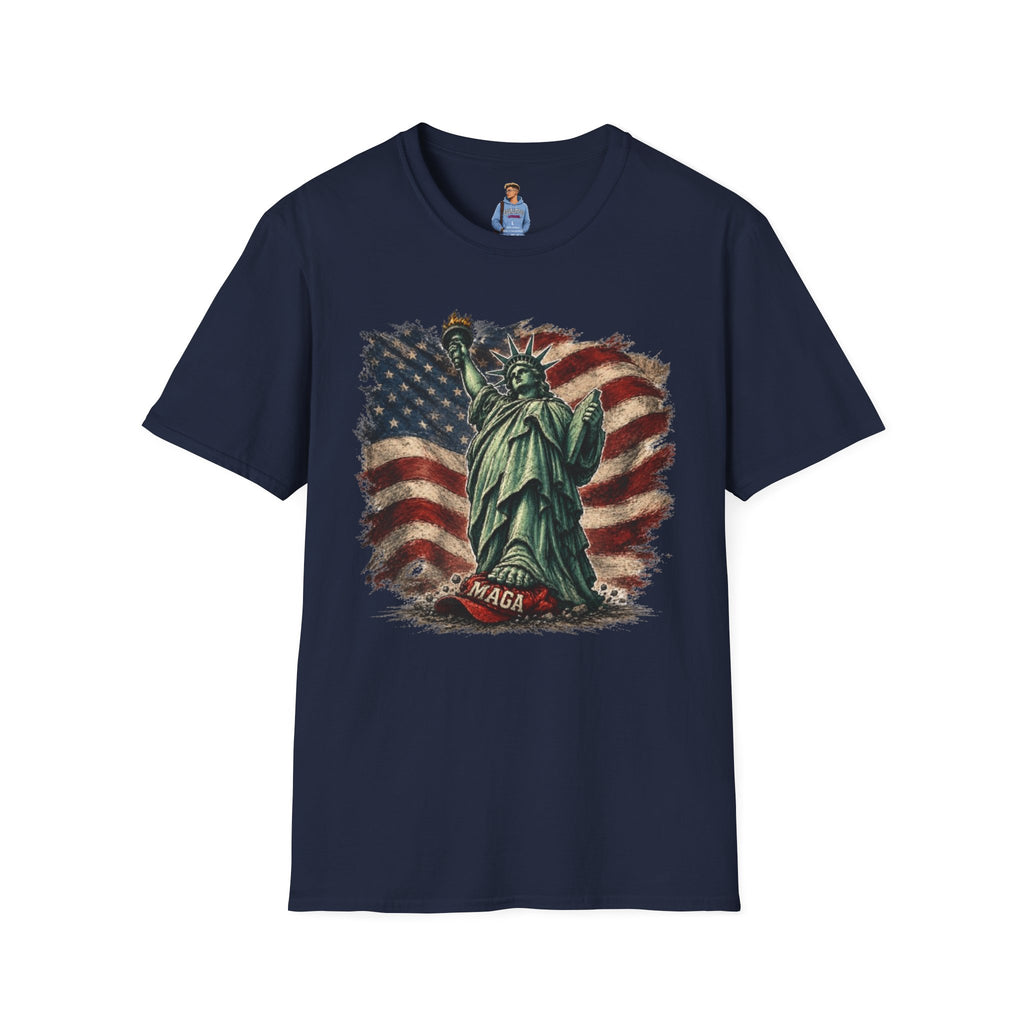 Statue of Liberty Stepping on MAGA American Flag T-Shirt — Patriotic USA Independence Day Tee