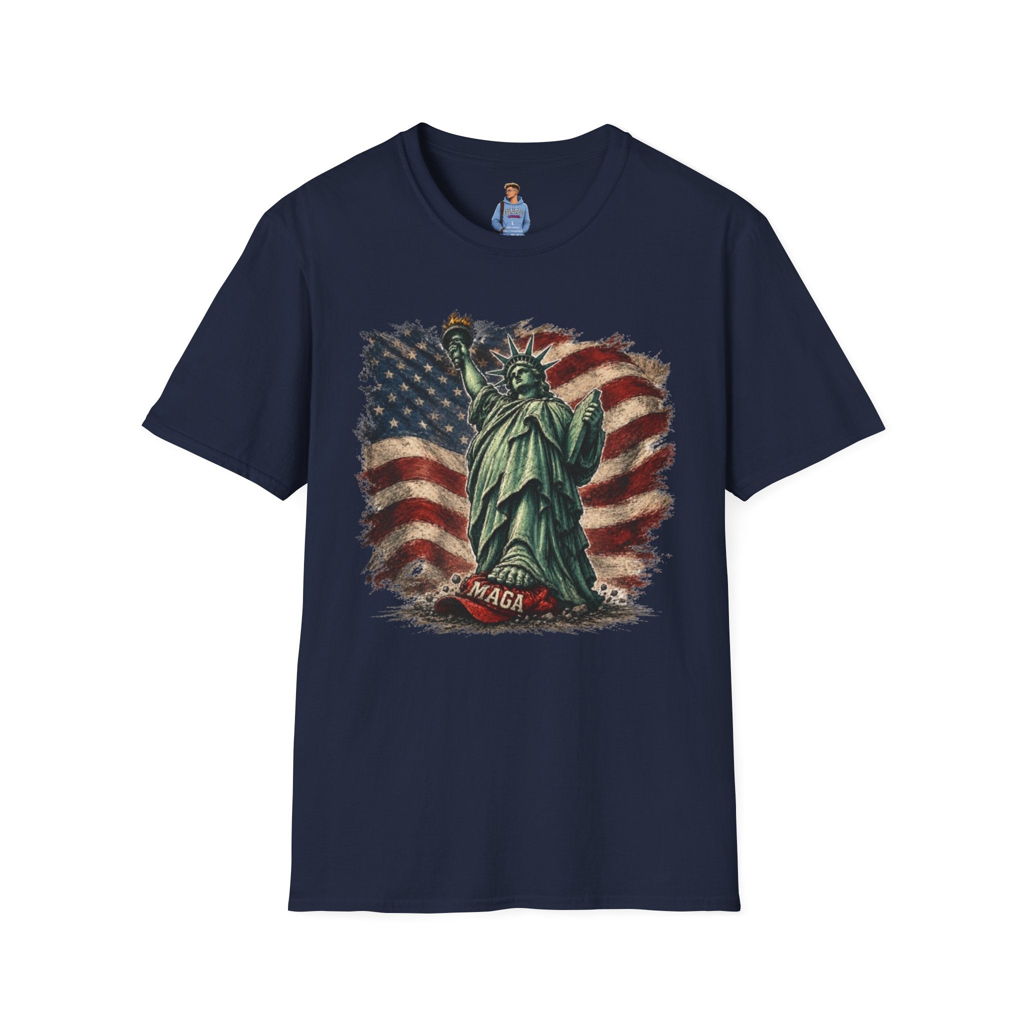 Statue of Liberty Stepping on MAGA American Flag T-Shirt — Patriotic USA Independence Day Tee