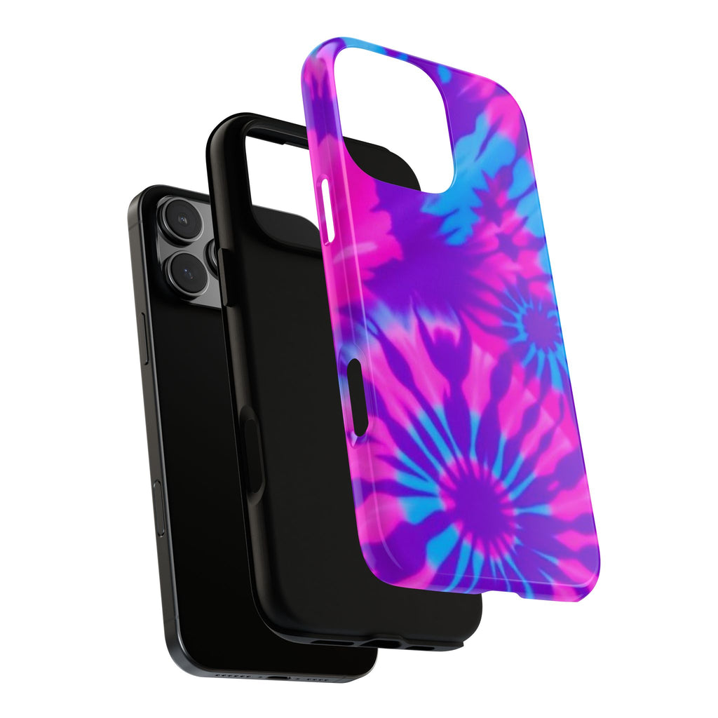 Tie-Dye Floral Phone Case for iPhone — Pink & Blue Retro Protective Tough Case