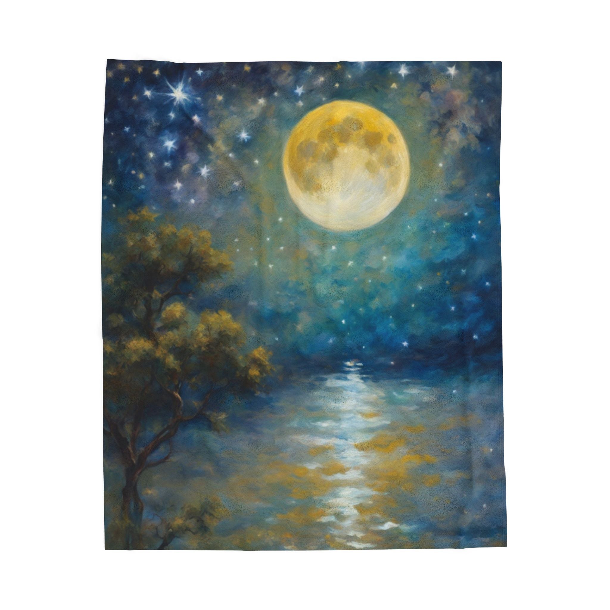Moon over Docile Waters Impressionist Print Velveteen Plush Blanket – For Comfort and Warmth