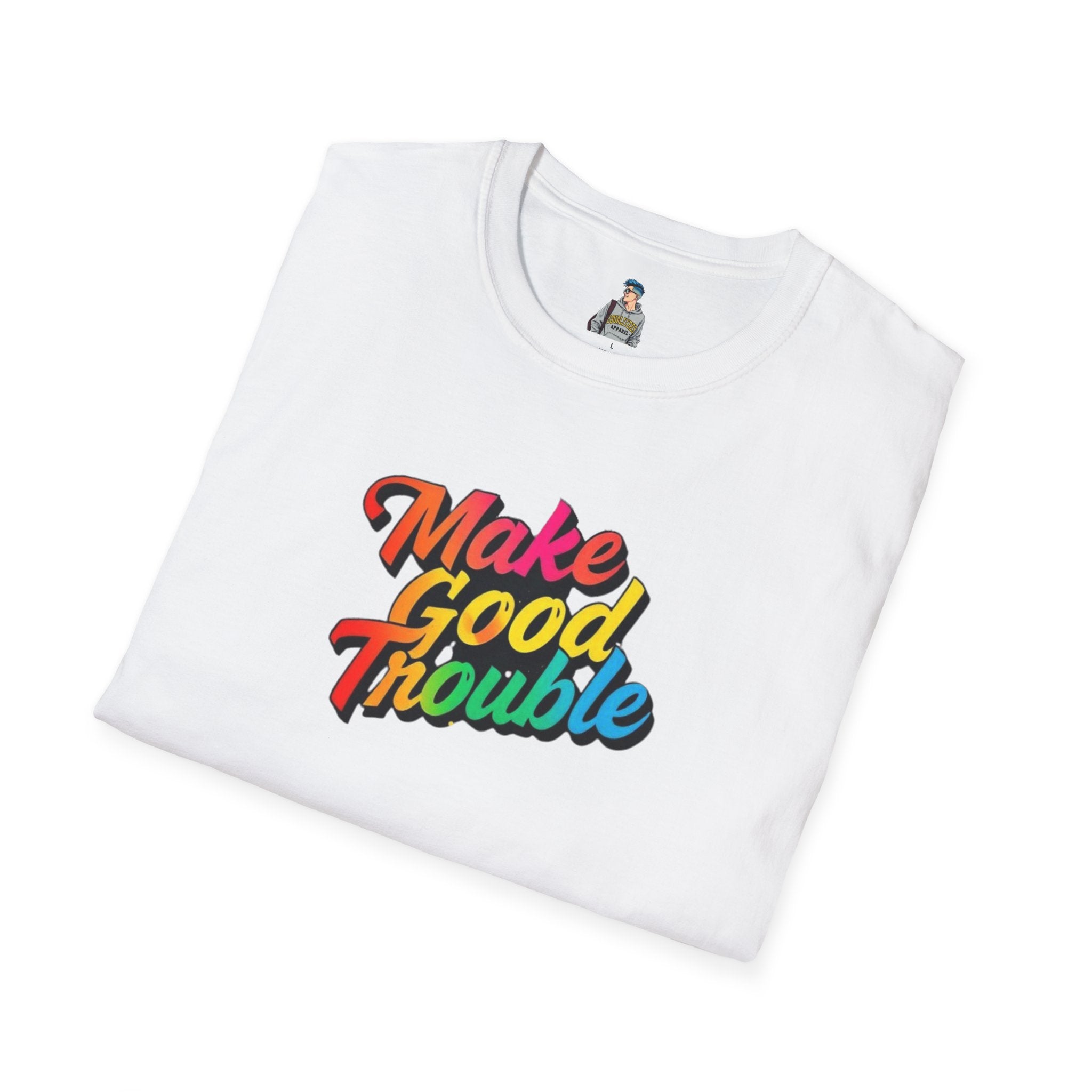 Inspirational Unisex Softstyle T-Shirt - 'Make Good Trouble' Rainbow Statement Tee