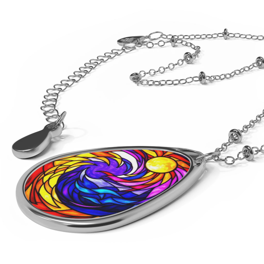 Stained Glass Moon & Waves Oval Necklace