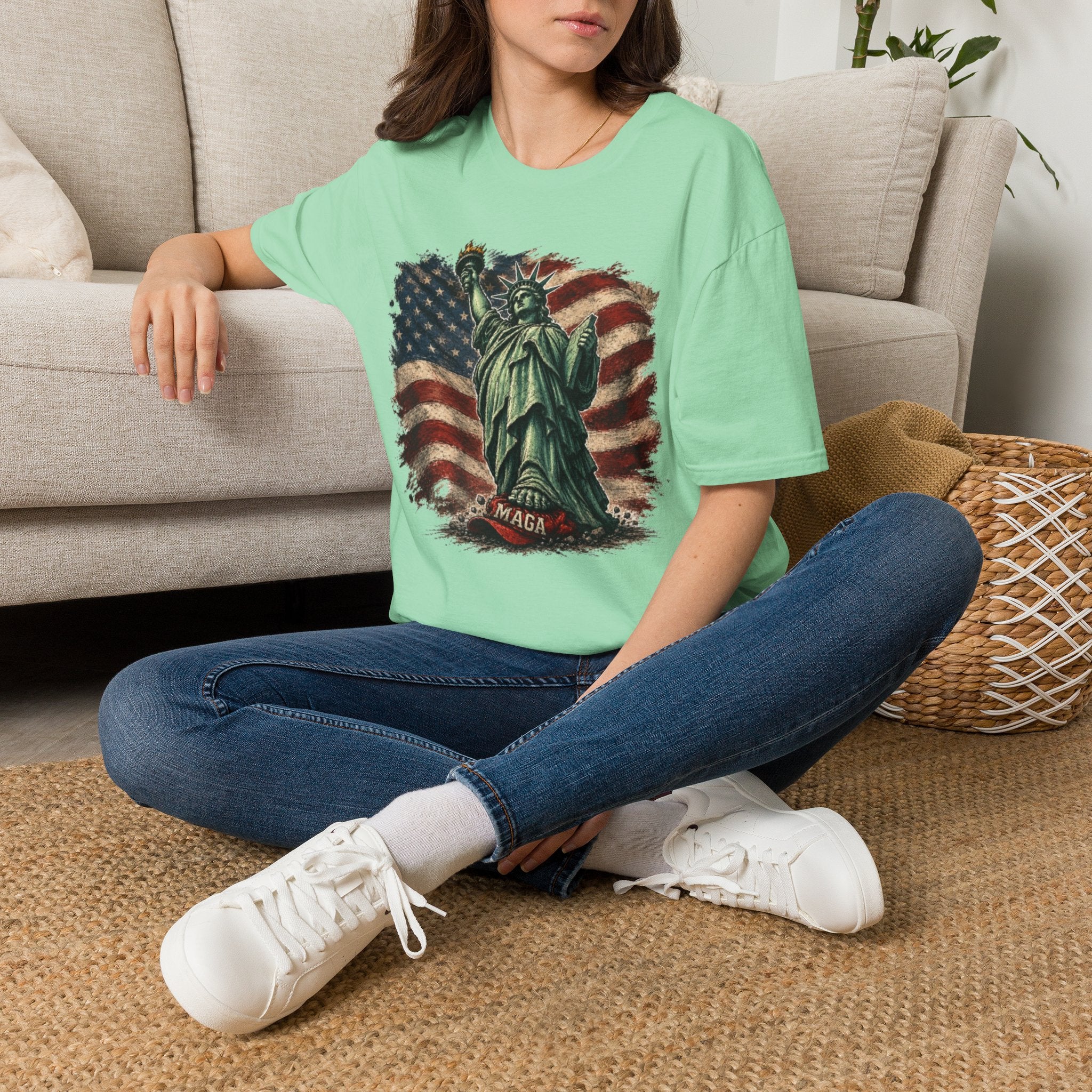 Statue of Liberty Stepping on MAGA American Flag T-Shirt — Patriotic USA Independence Day Tee