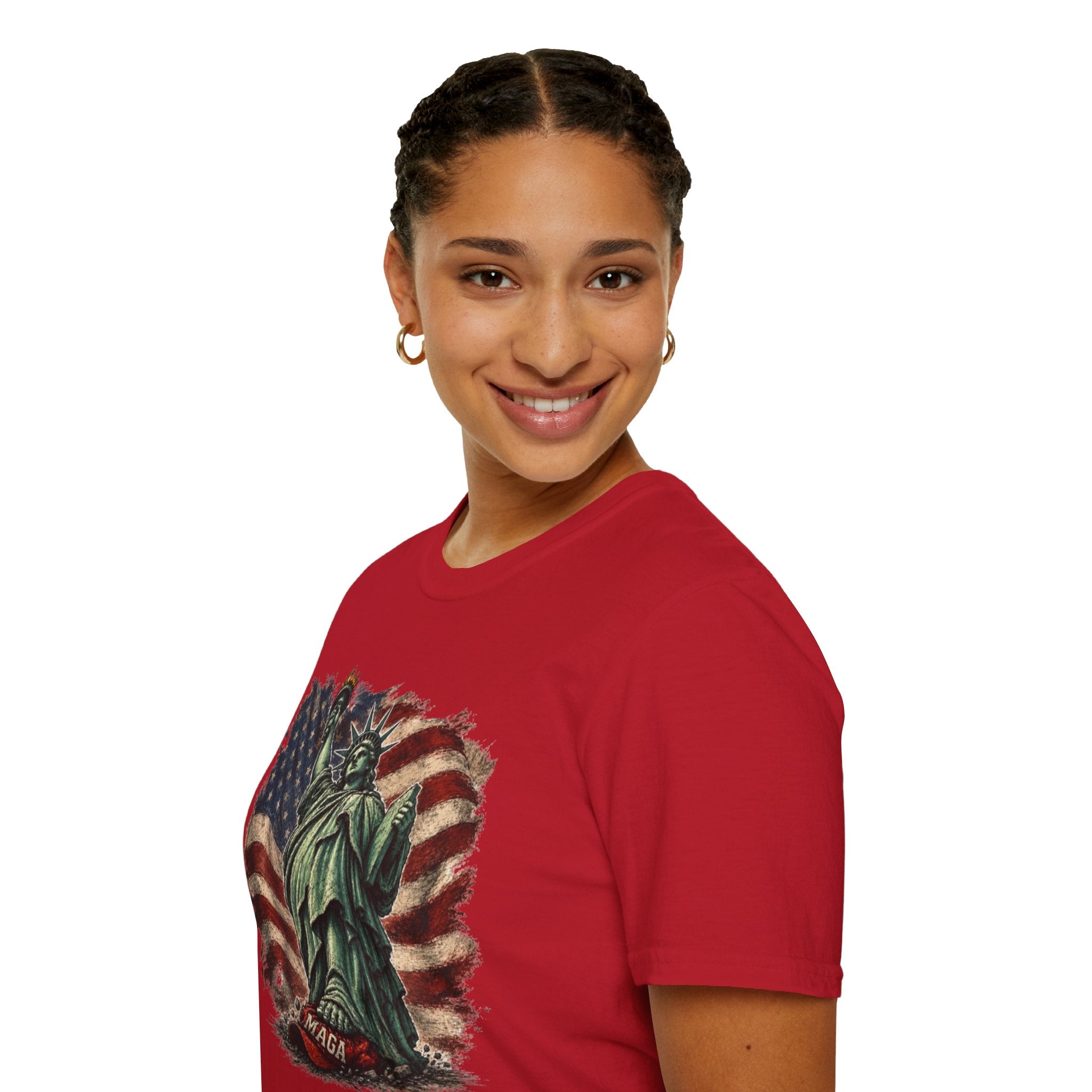 Statue of Liberty Stepping on MAGA American Flag T-Shirt — Patriotic USA Independence Day Tee