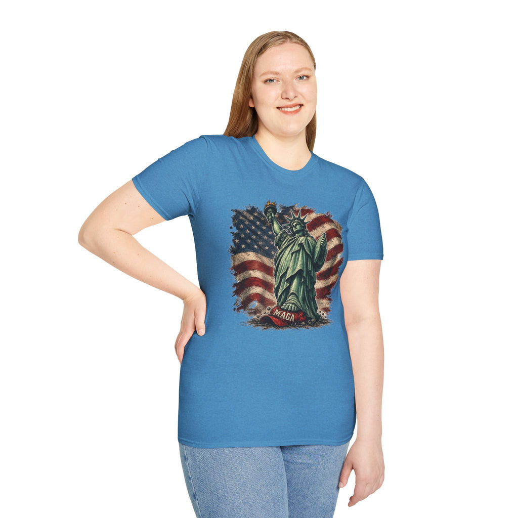 Statue of Liberty Stepping on MAGA American Flag T-Shirt — Patriotic USA Independence Day Tee