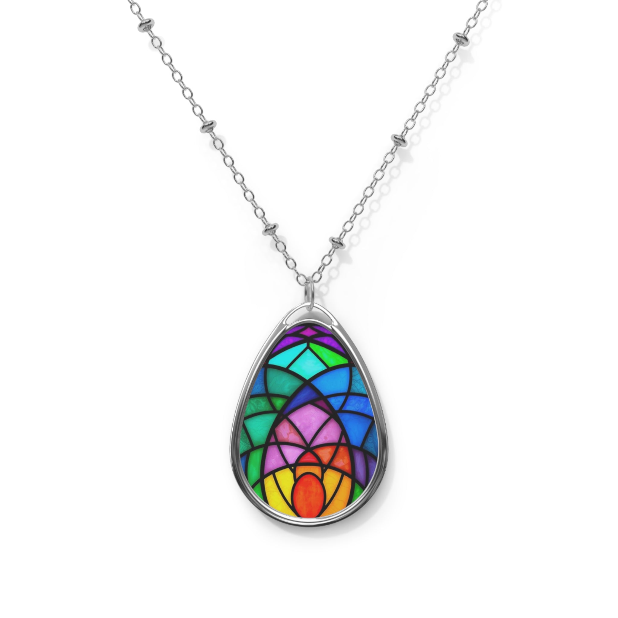 Stained Glass Oval Necklace — Colorful Rainbow Teardrop Pendant