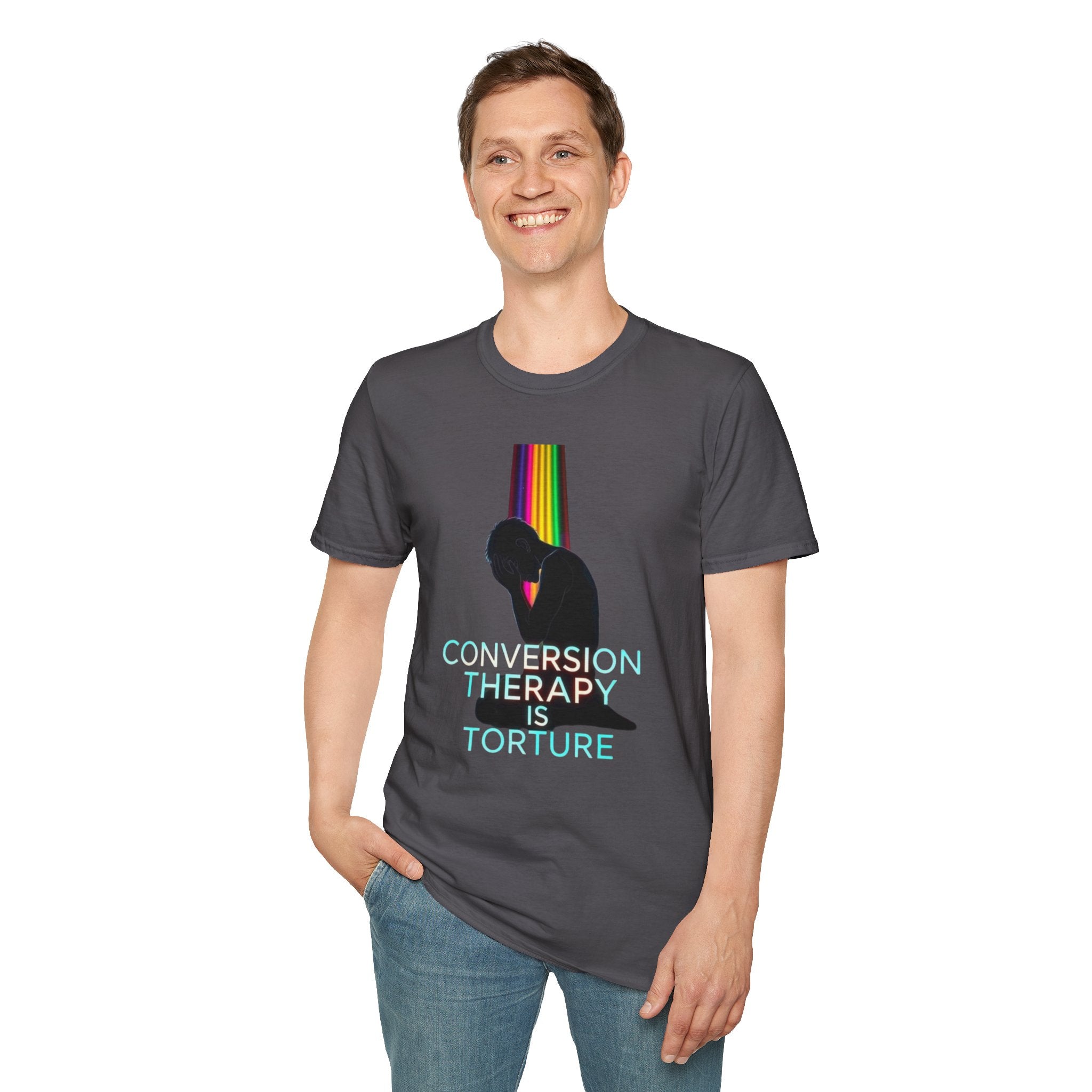 Unisex Softstyle T-Shirt: "Conversion Therapy is Torture" & "We All Belong" - LGBTQ+ Empowerment Tee