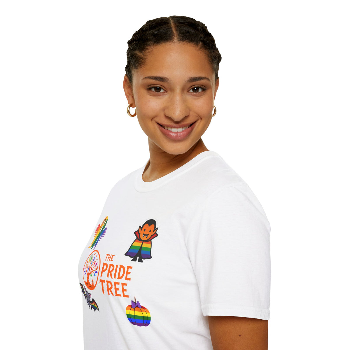 The Pride Tree Halloween T‑Shirt — Rainbow Ghosts, Pumpkins & Bat Graphic Tee