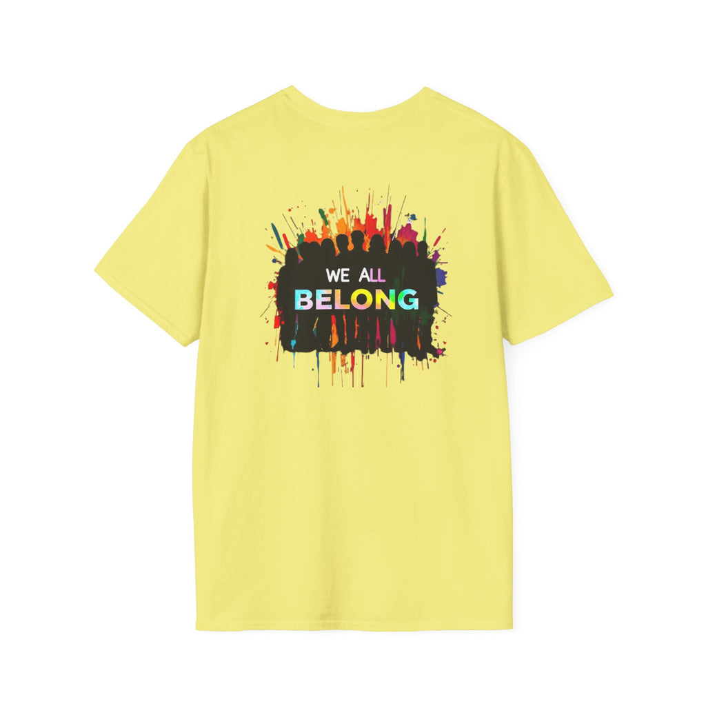 Inclusive Art Unisex Softstyle T-Shirt – ‘ Rainbow Handprint We All Belong’