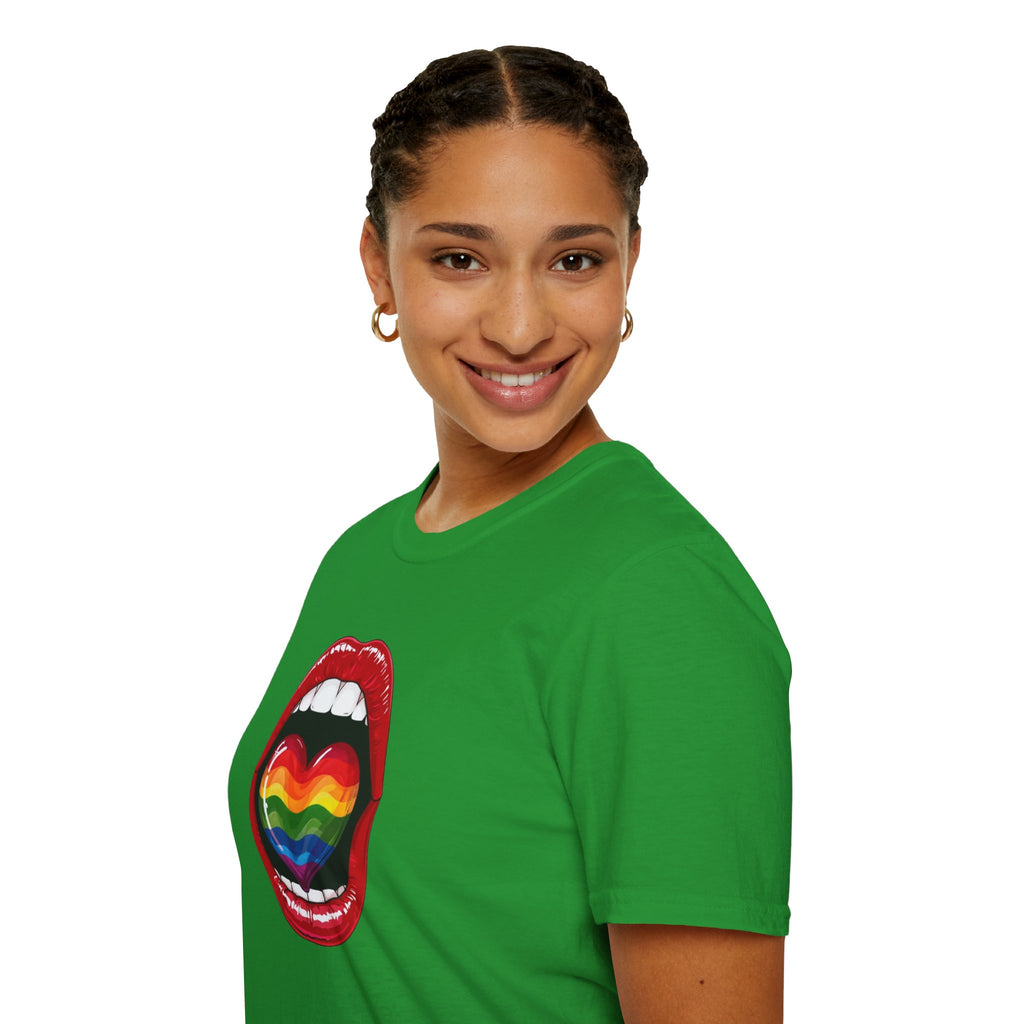 Pride Love Unisex Softstyle T-Shirt | LGBTQ+ Rainbow Heart Design