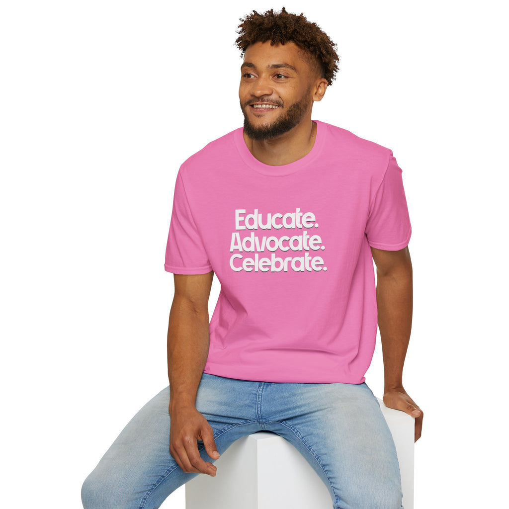 Educate. Advocate. Celebrate. Minimalist Pride T-Shirt