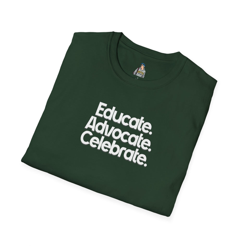 Educate. Advocate. Celebrate. Minimalist Pride T-Shirt - EqualiTees.Me