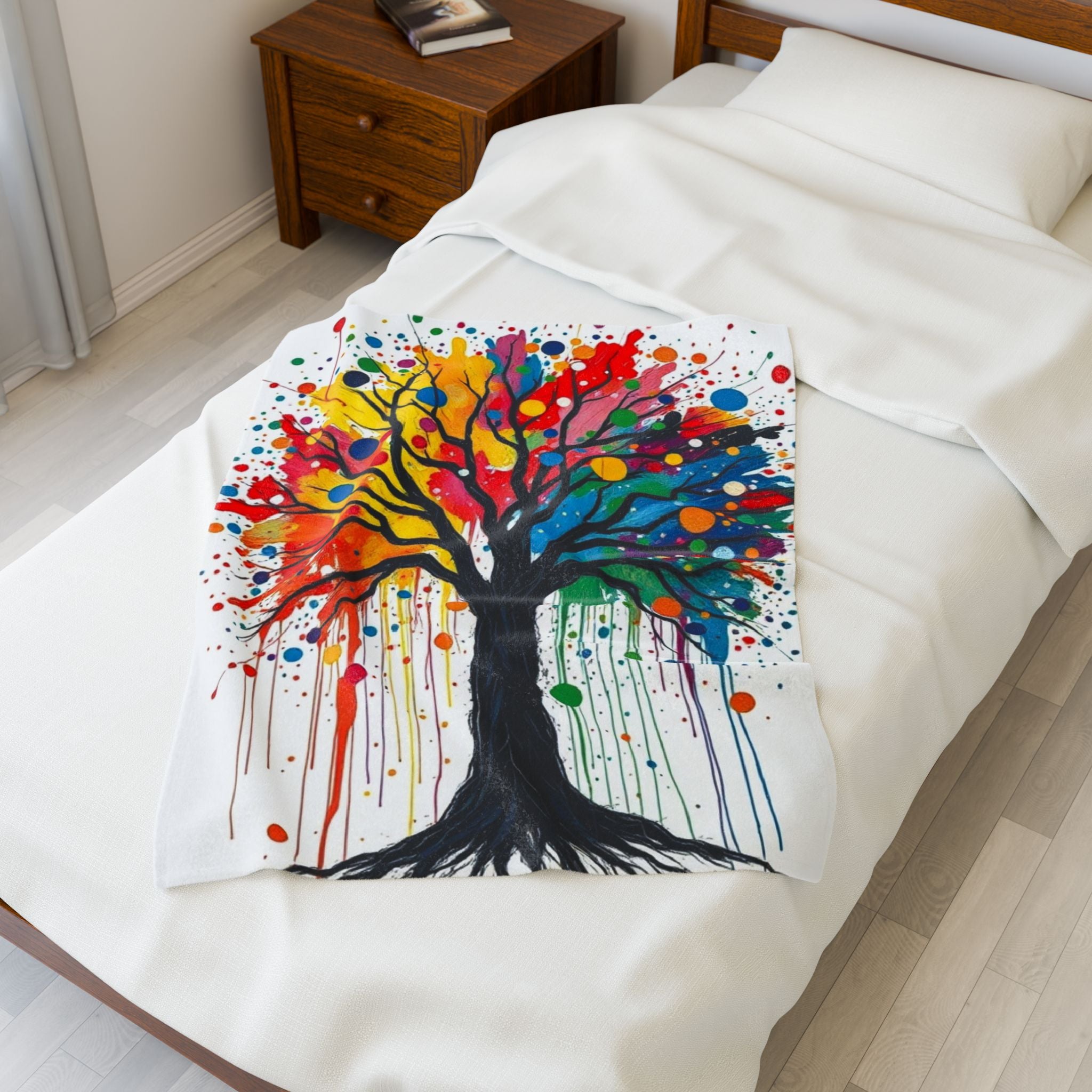 Rainbow Tree Dripping with Color Velveteen Plush Blanket – for Comfort and Warmth