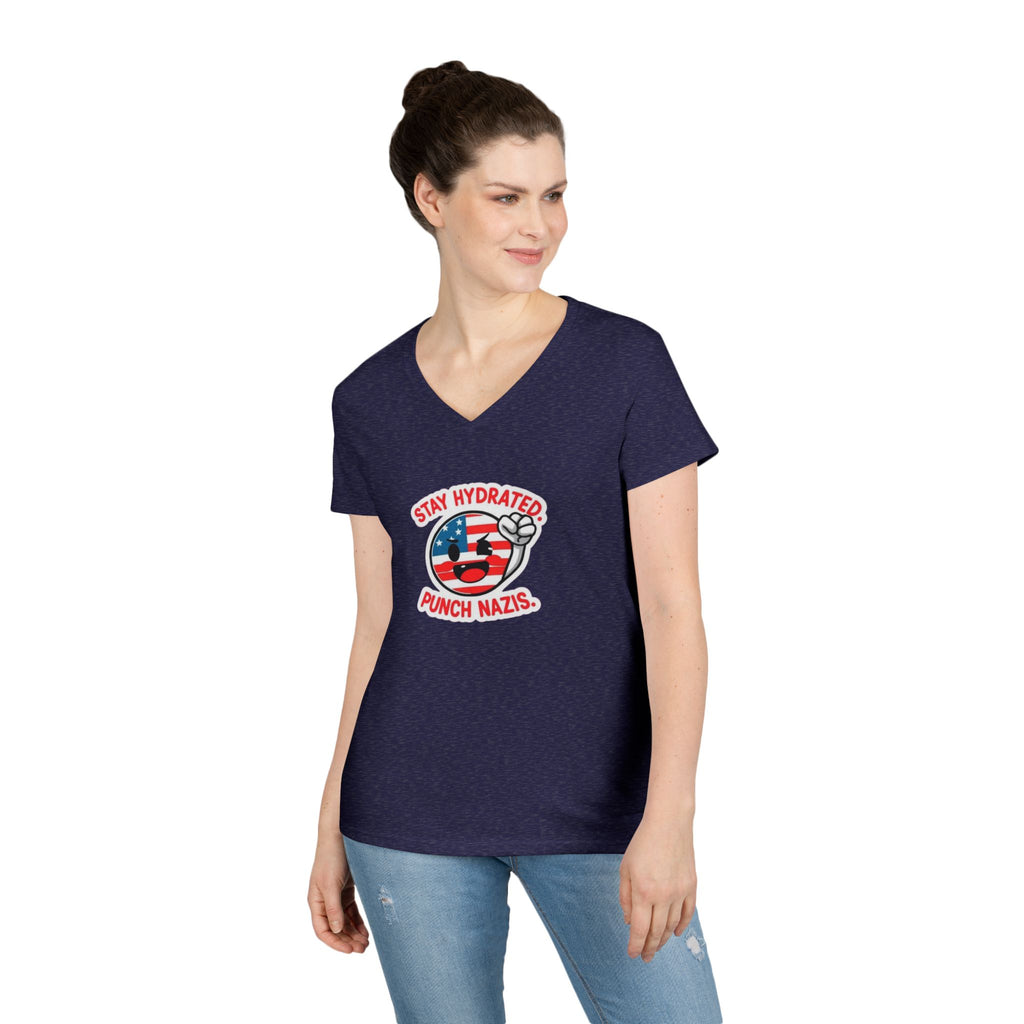 Stay Hydrated Punch Nazis V-Neck T-Shirt - Protest against Fascism Message Tee for Activists