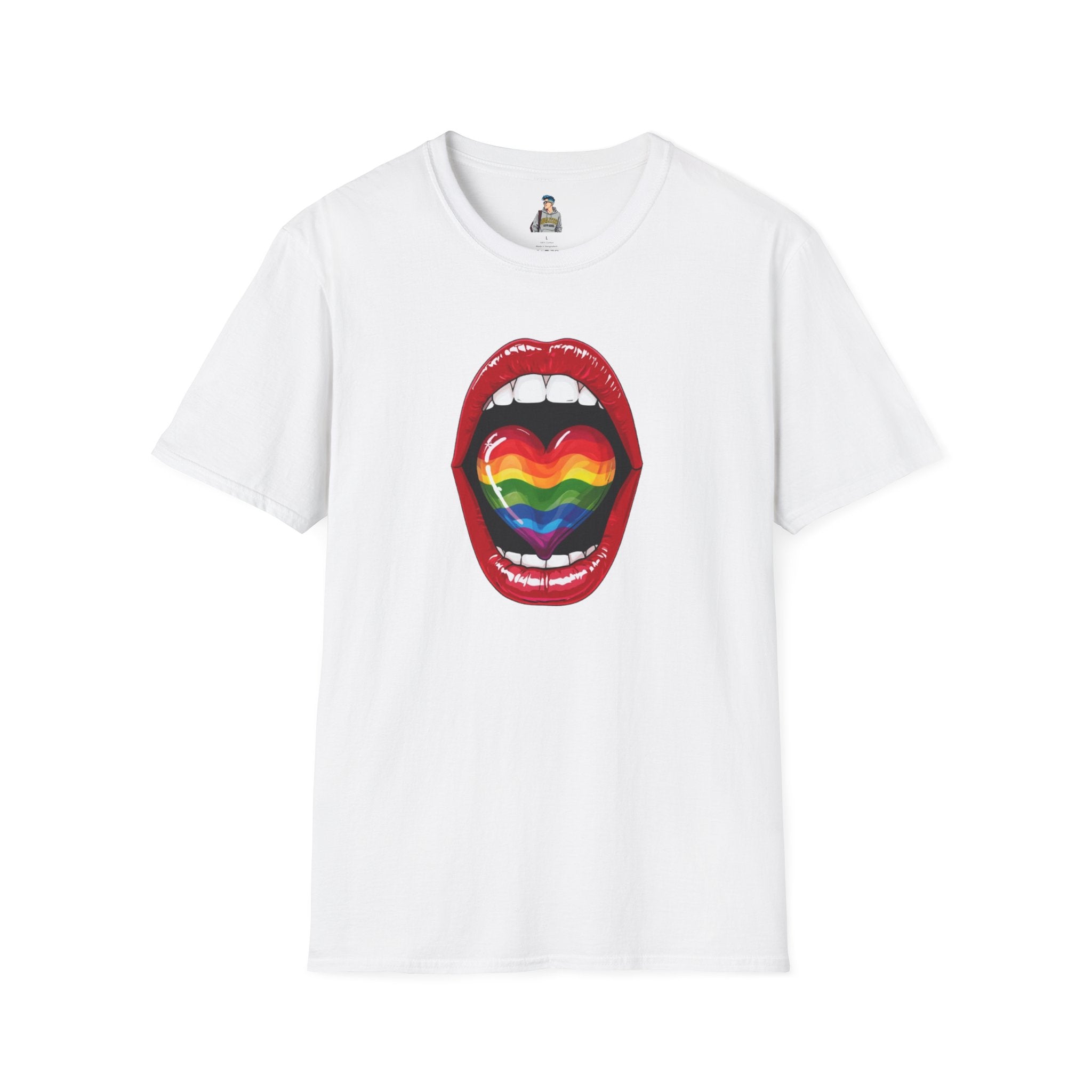 Pride Love Unisex Softstyle T-Shirt | LGBTQ+ Rainbow Heart Design