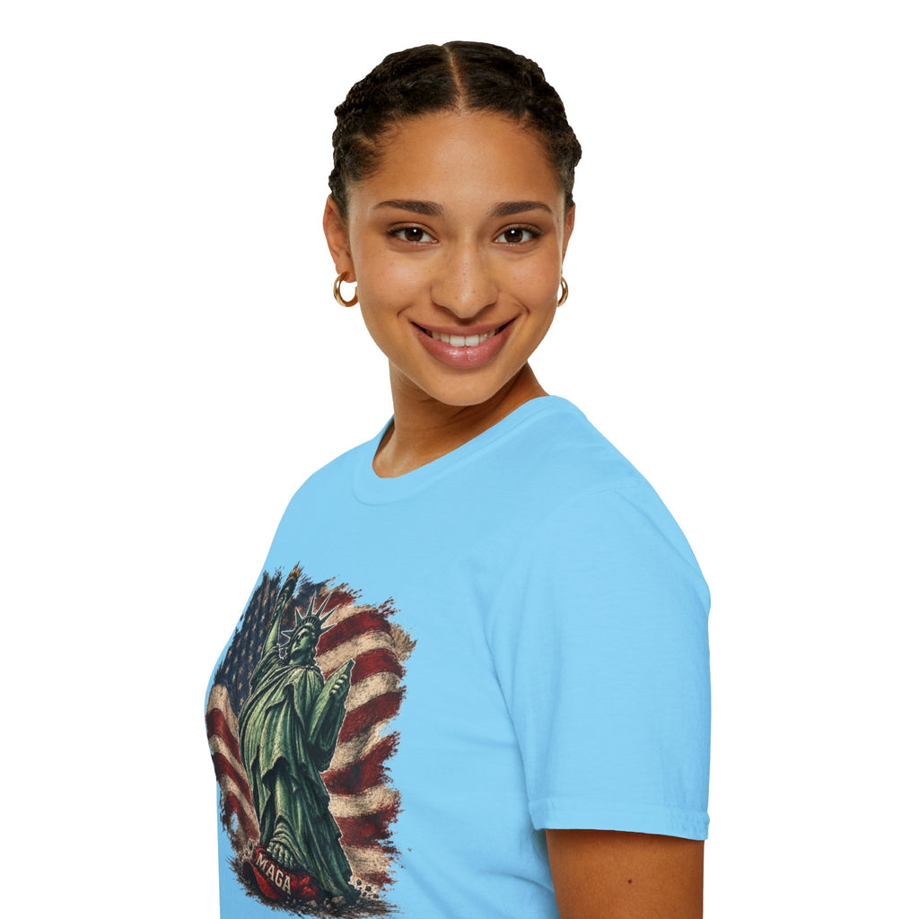 Statue of Liberty Stepping on MAGA American Flag T-Shirt — Patriotic USA Independence Day Tee