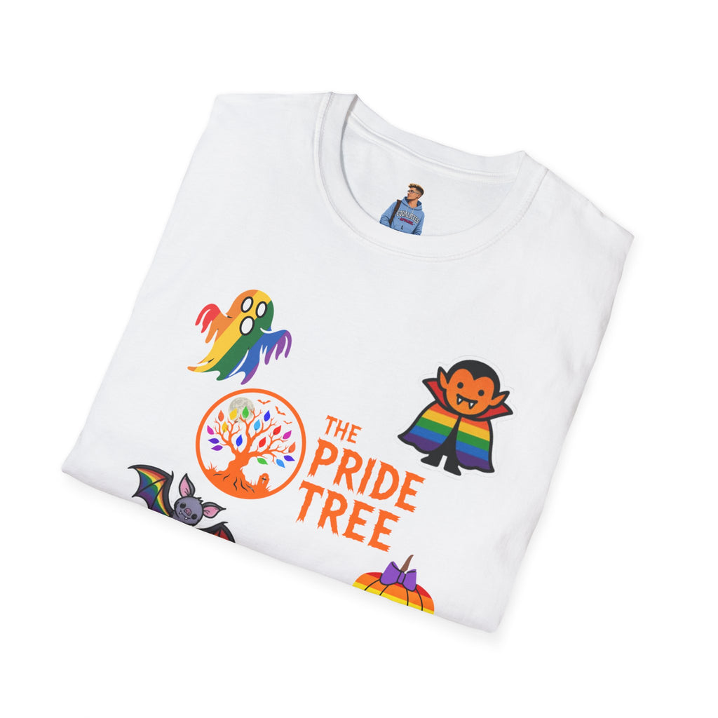 The Pride Tree Halloween T‑Shirt — Rainbow Ghosts, Pumpkins & Bat Graphic Tee