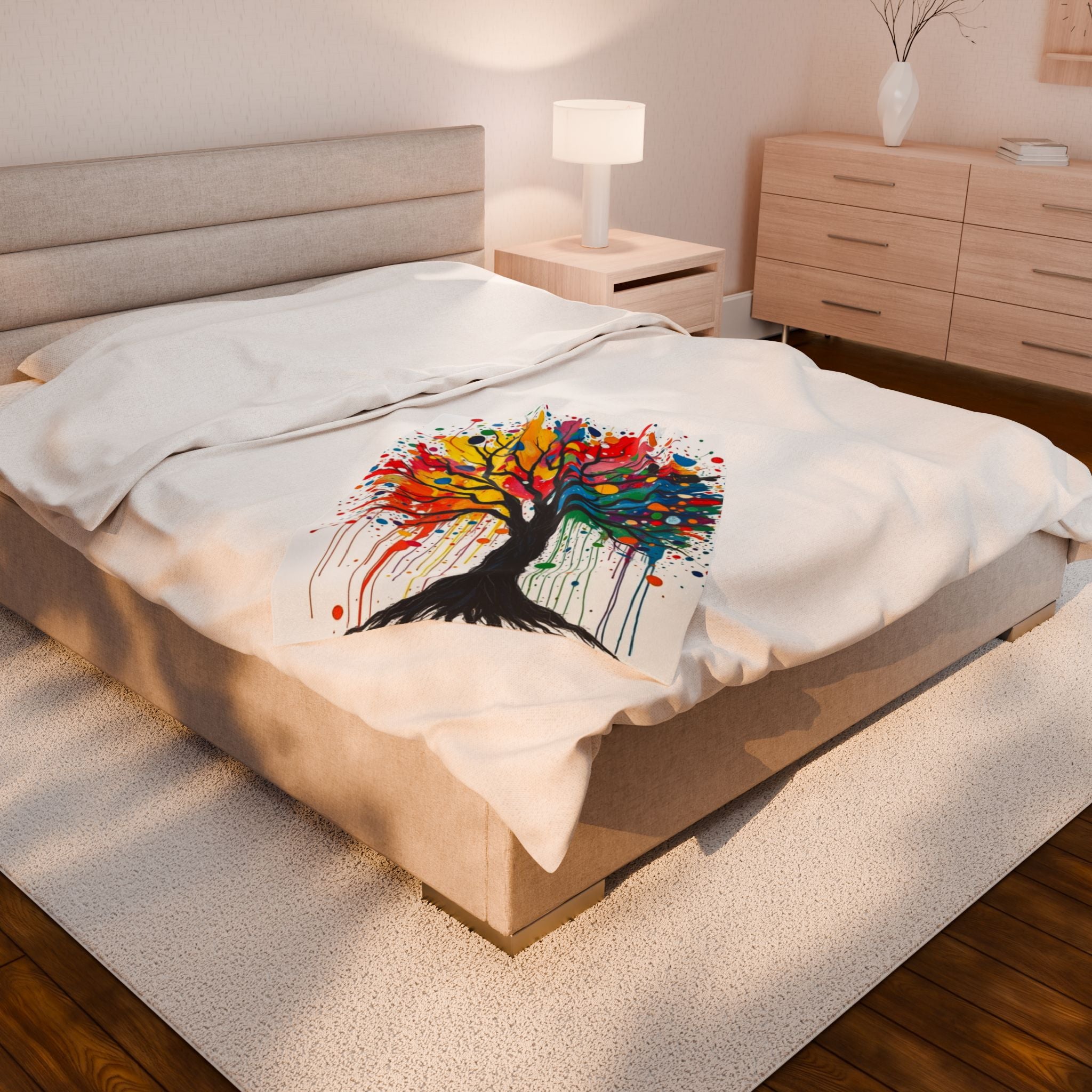 Rainbow Tree Dripping with Color Velveteen Plush Blanket – for Comfort and Warmth