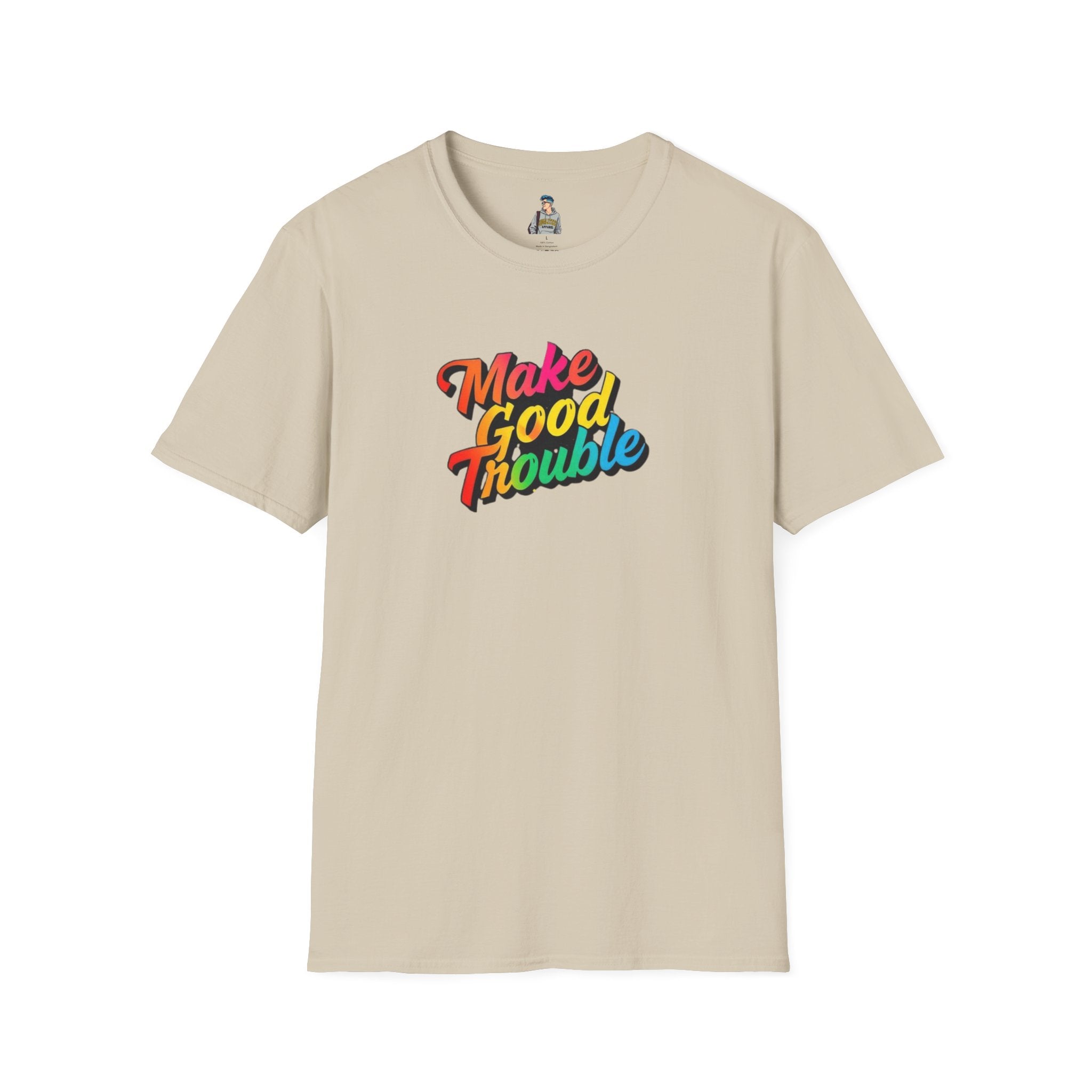Inspirational Unisex Softstyle T-Shirt - 'Make Good Trouble' Rainbow Statement Tee