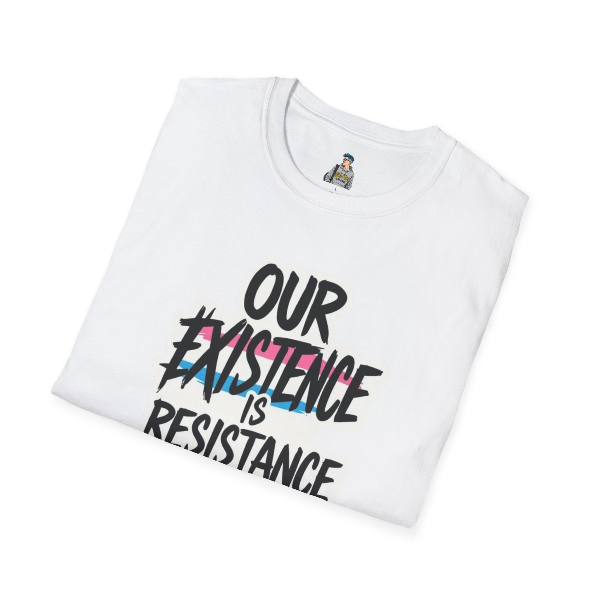 Our Existence is Resistance Trans Pride Unisex Softstyle T-Shirt - Empowering Statement Tee for Activists and Advocates
