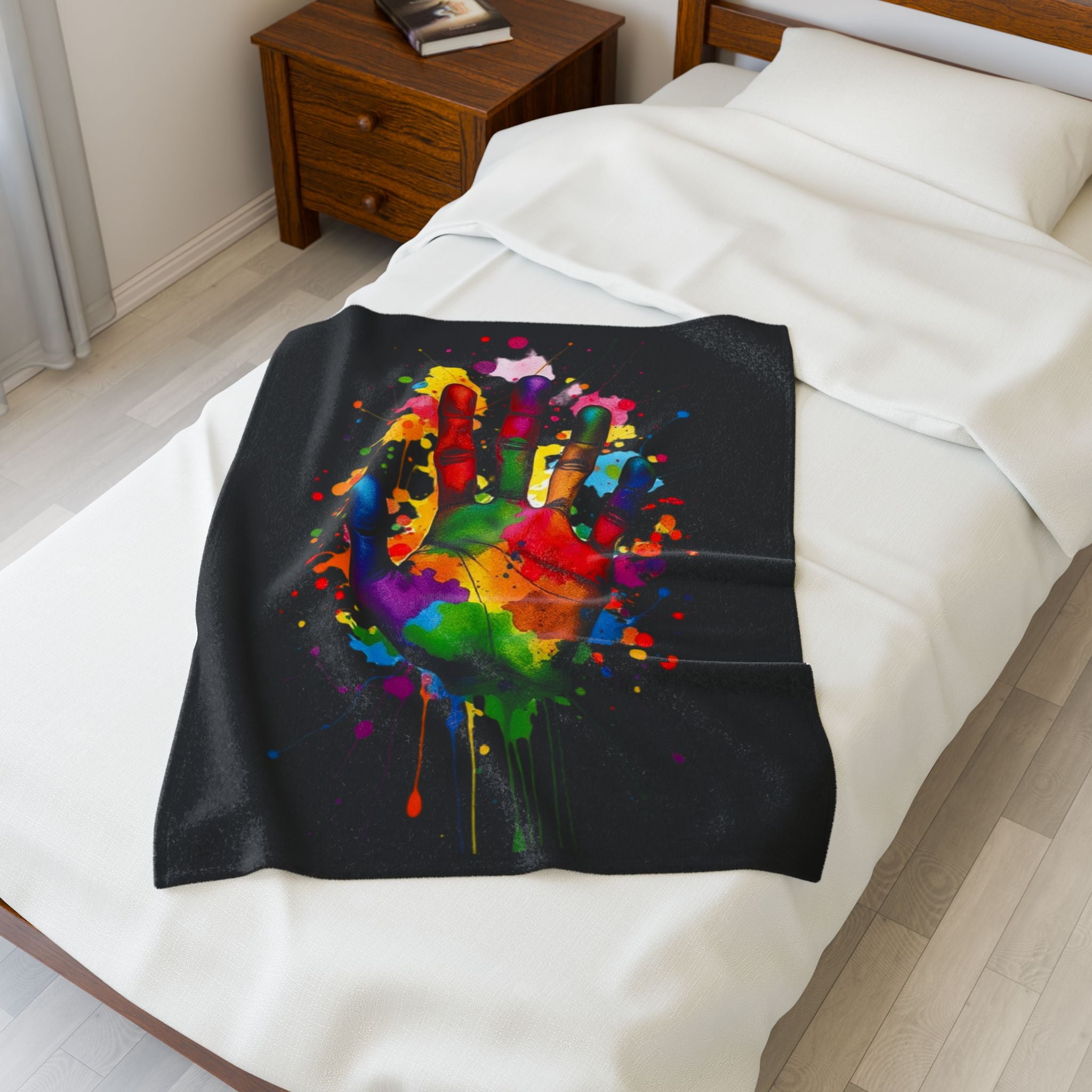 Rainbow Splash Handprint Black Background Velveteen Plush Blanket – For Comfort and Warmth