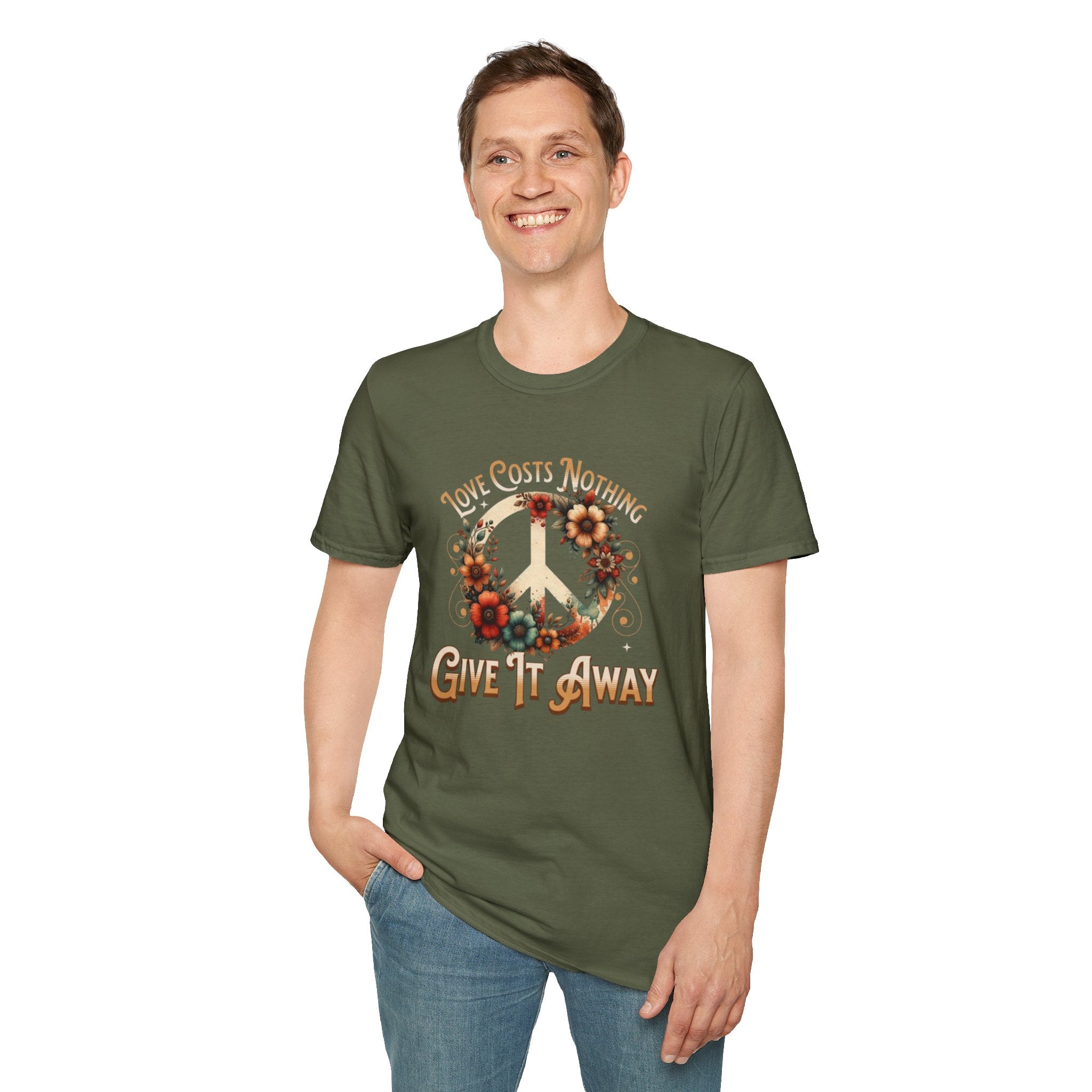 Unisex Softstyle T-Shirt - Love Costs Nothing, Give It Away Floral Peace Design