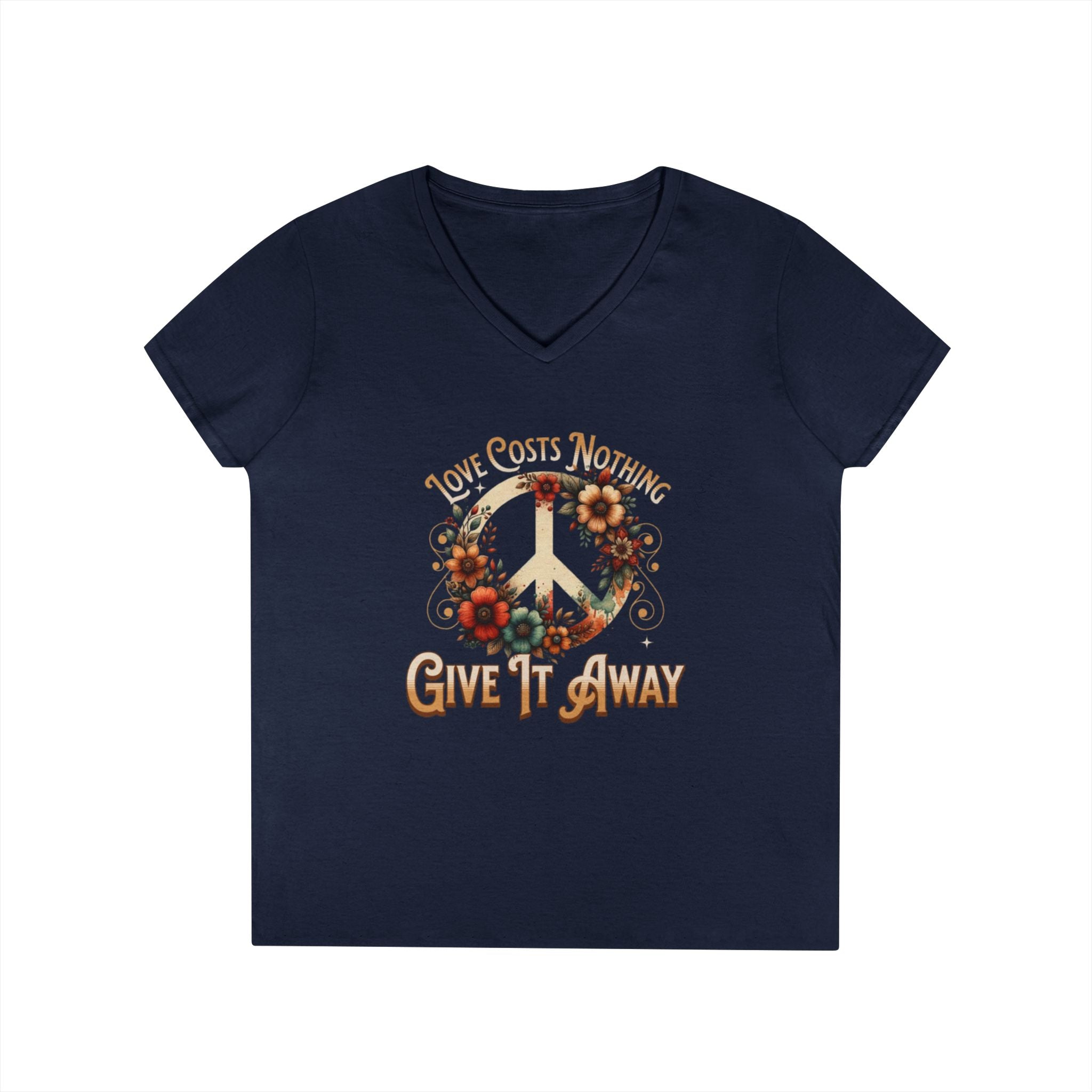 Women's Peace Love T-Shirt - Give It Away | Floral V-Neck Tee for Positive Vibes