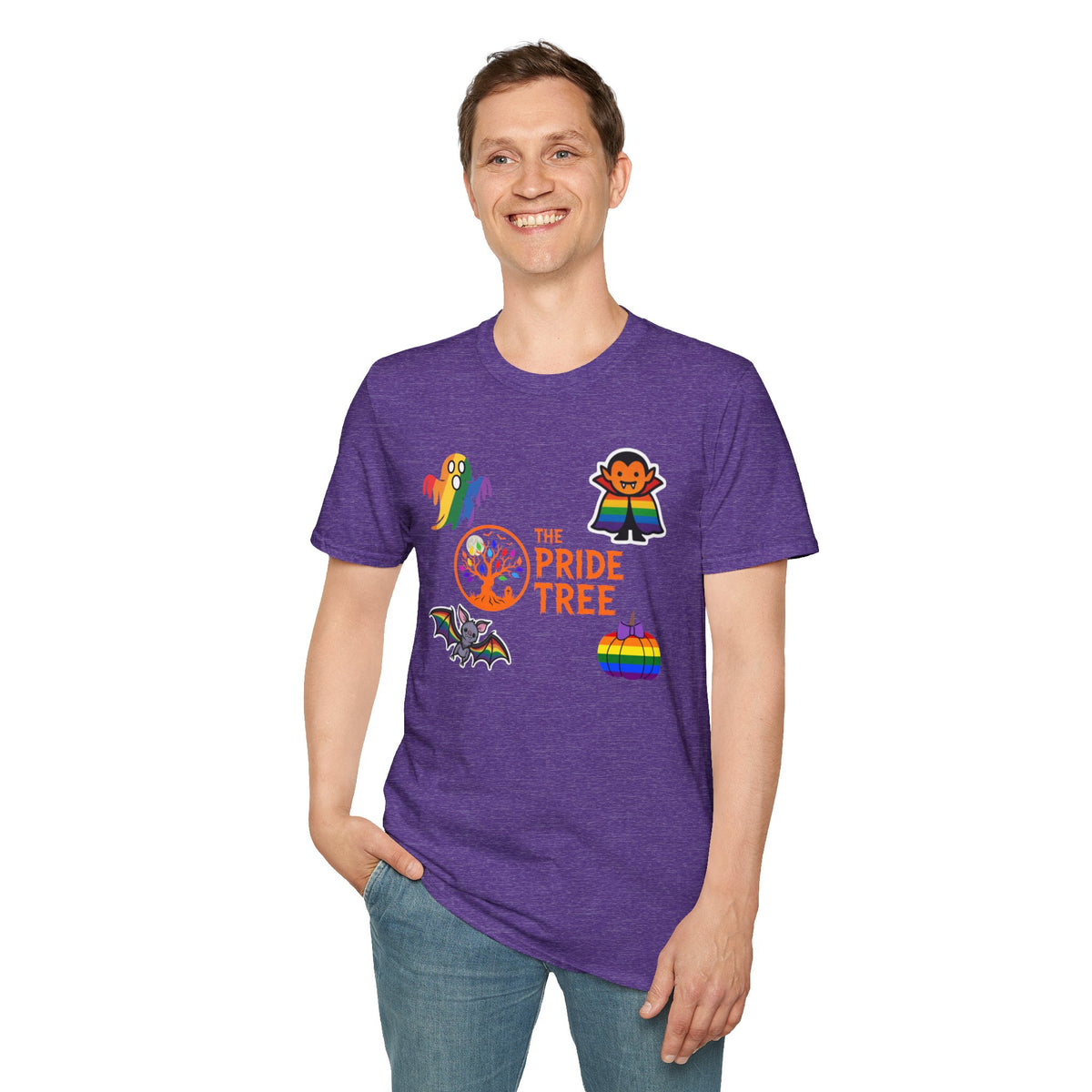 The Pride Tree Halloween T‑Shirt — Rainbow Ghosts, Pumpkins & Bat Graphic Tee