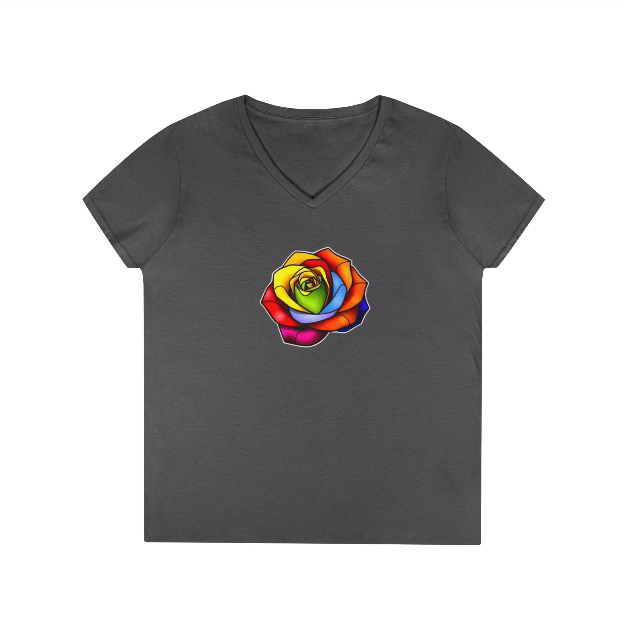 Rainbow Rose Ladies' V-Neck T-Shirt - Colorful Floral Design