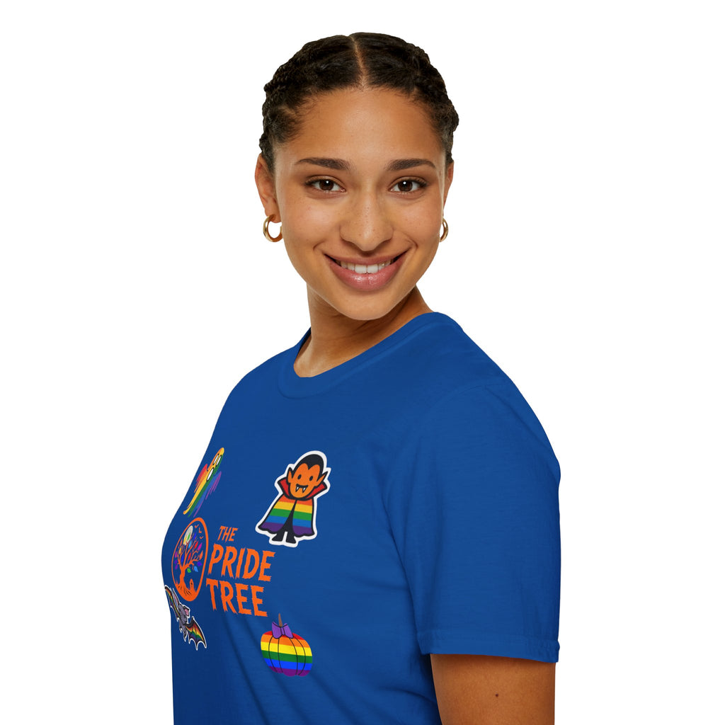 The Pride Tree Halloween T‑Shirt — Rainbow Ghosts, Pumpkins & Bat Graphic Tee