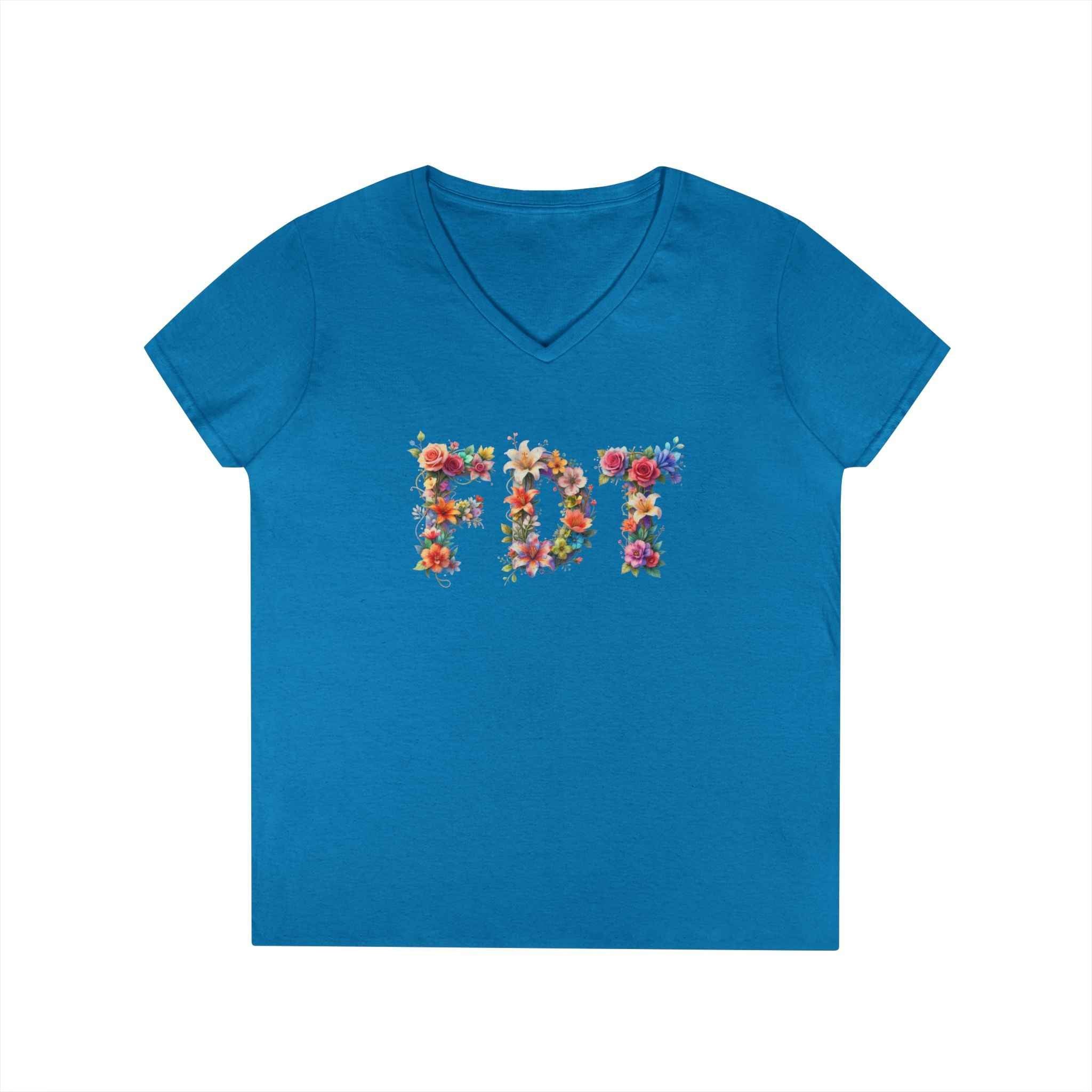 Floral Initials 'FDT' Ladies' V-Neck Tee — Colorful Botanical Monogram Shirt