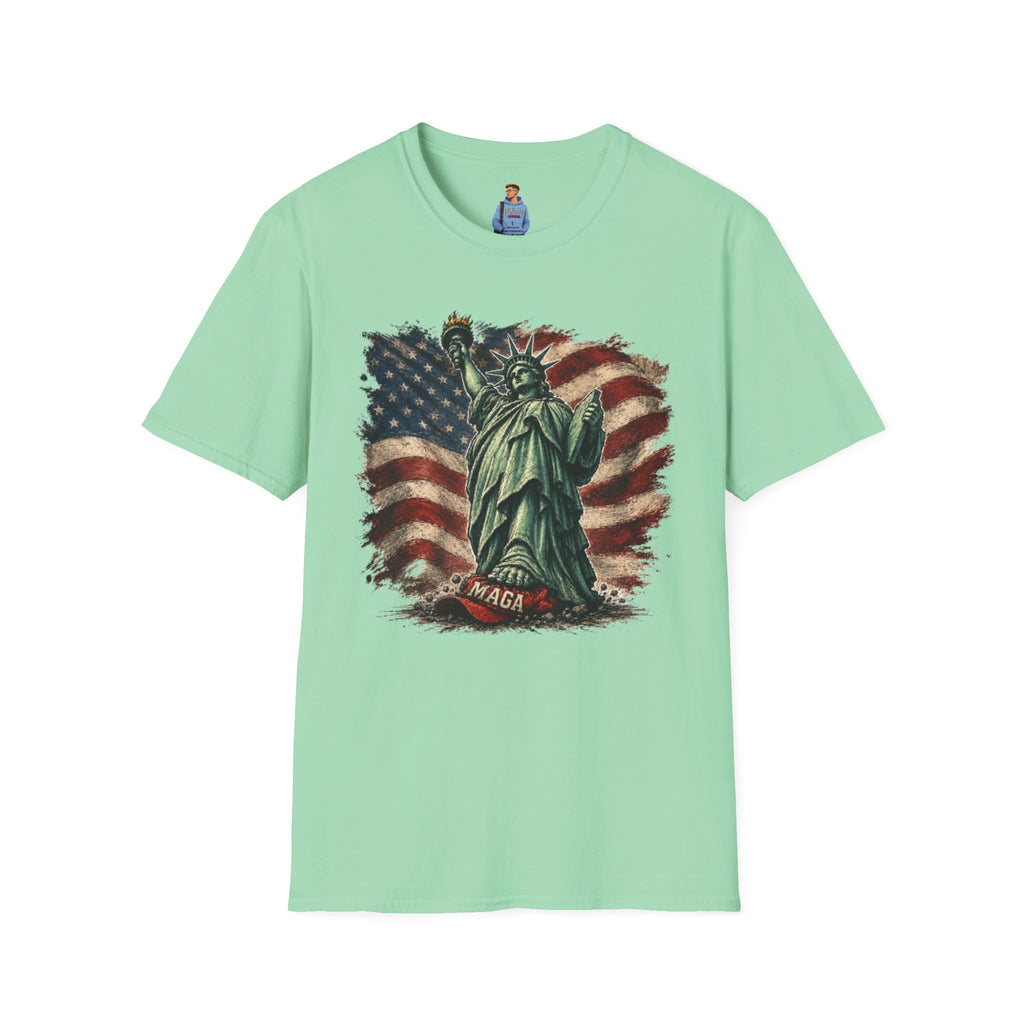 Statue of Liberty Stepping on MAGA American Flag T-Shirt — Patriotic USA Independence Day Tee
