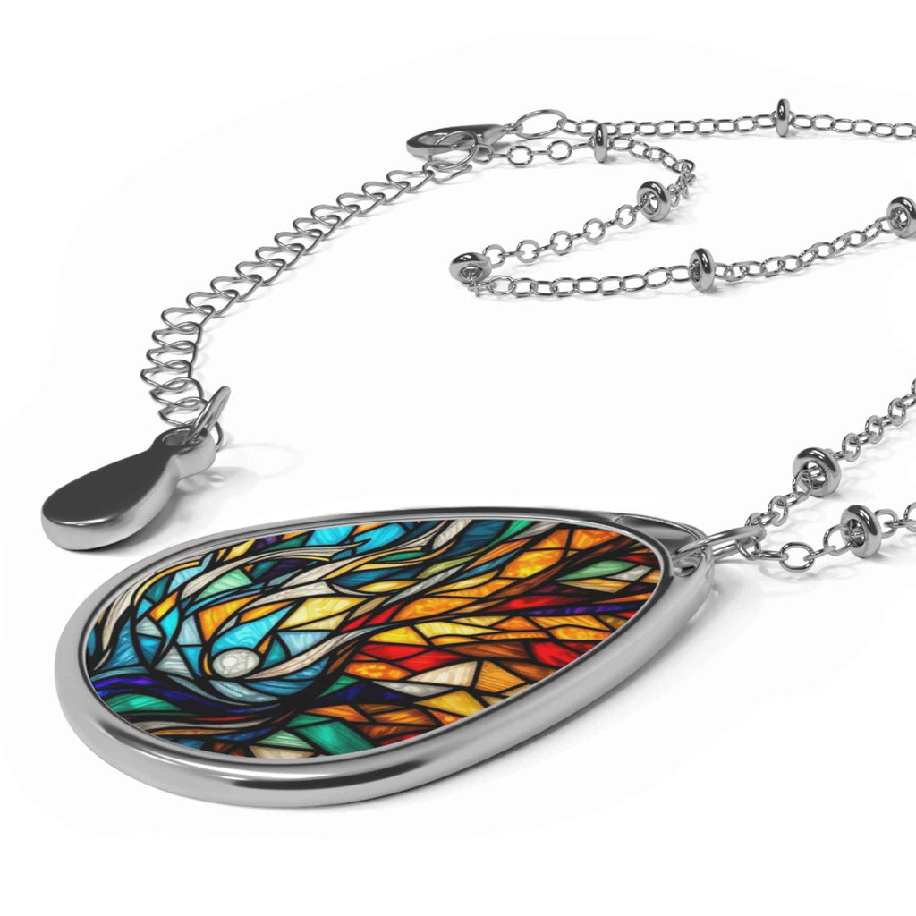 Stained Glass Tear Drop Oval Necklace — Blue Fire Pendant