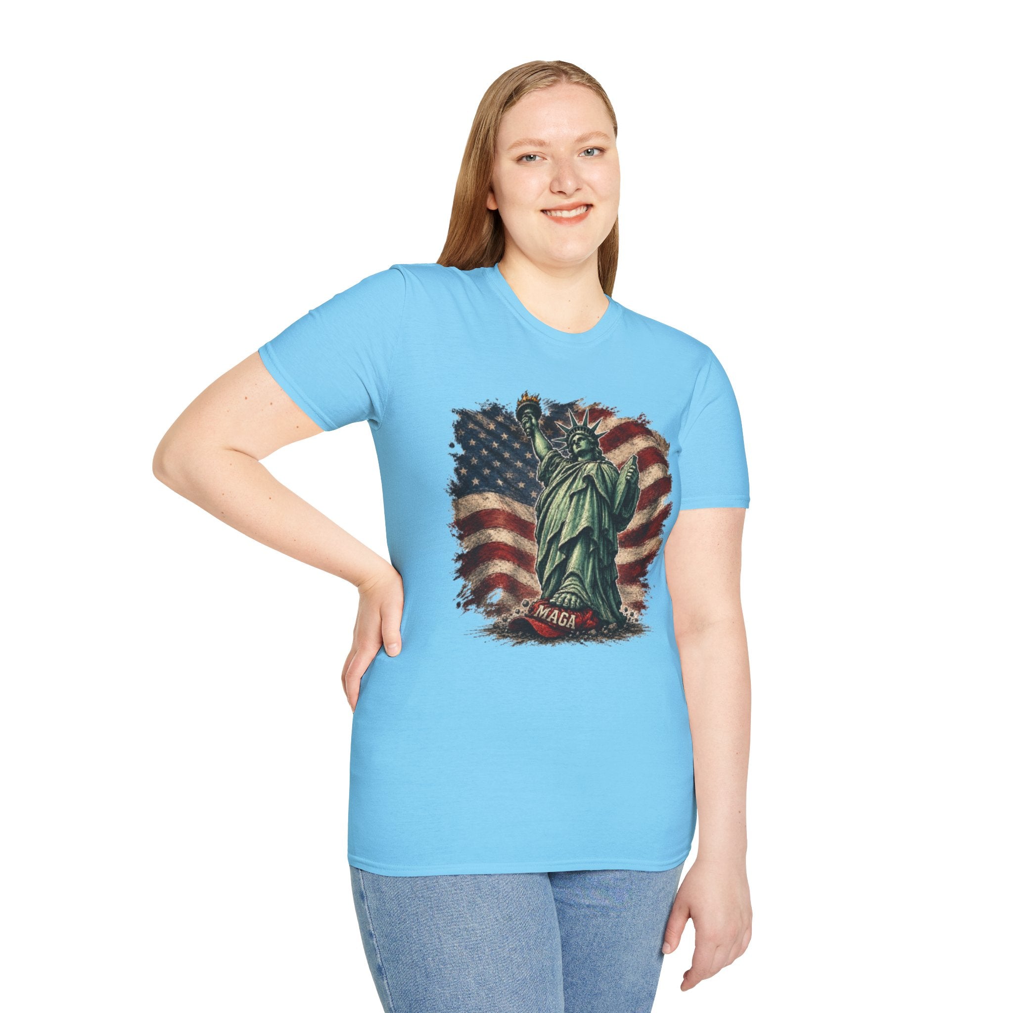 Statue of Liberty Stepping on MAGA American Flag T-Shirt — Patriotic USA Independence Day Tee