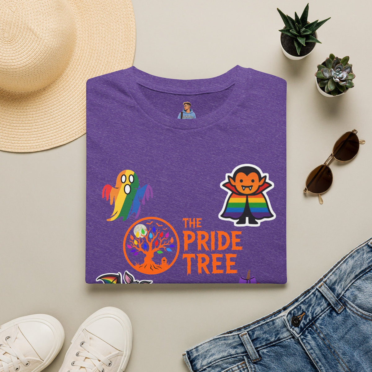 The Pride Tree Halloween T‑Shirt — Rainbow Ghosts, Pumpkins & Bat Graphic Tee