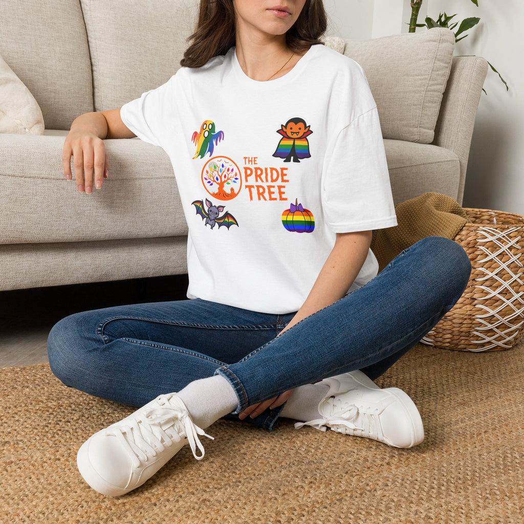 The Pride Tree Halloween T‑Shirt — Rainbow Ghosts, Pumpkins & Bat Graphic Tee