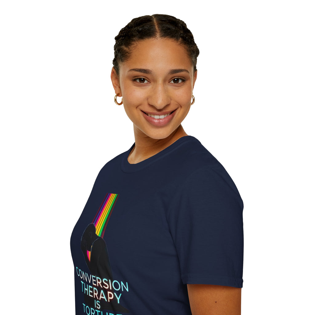 Unisex Softstyle T-Shirt - LGBTQ+ Empowerment T-Shirt: Conversion Therapy is Torture & We All Belong