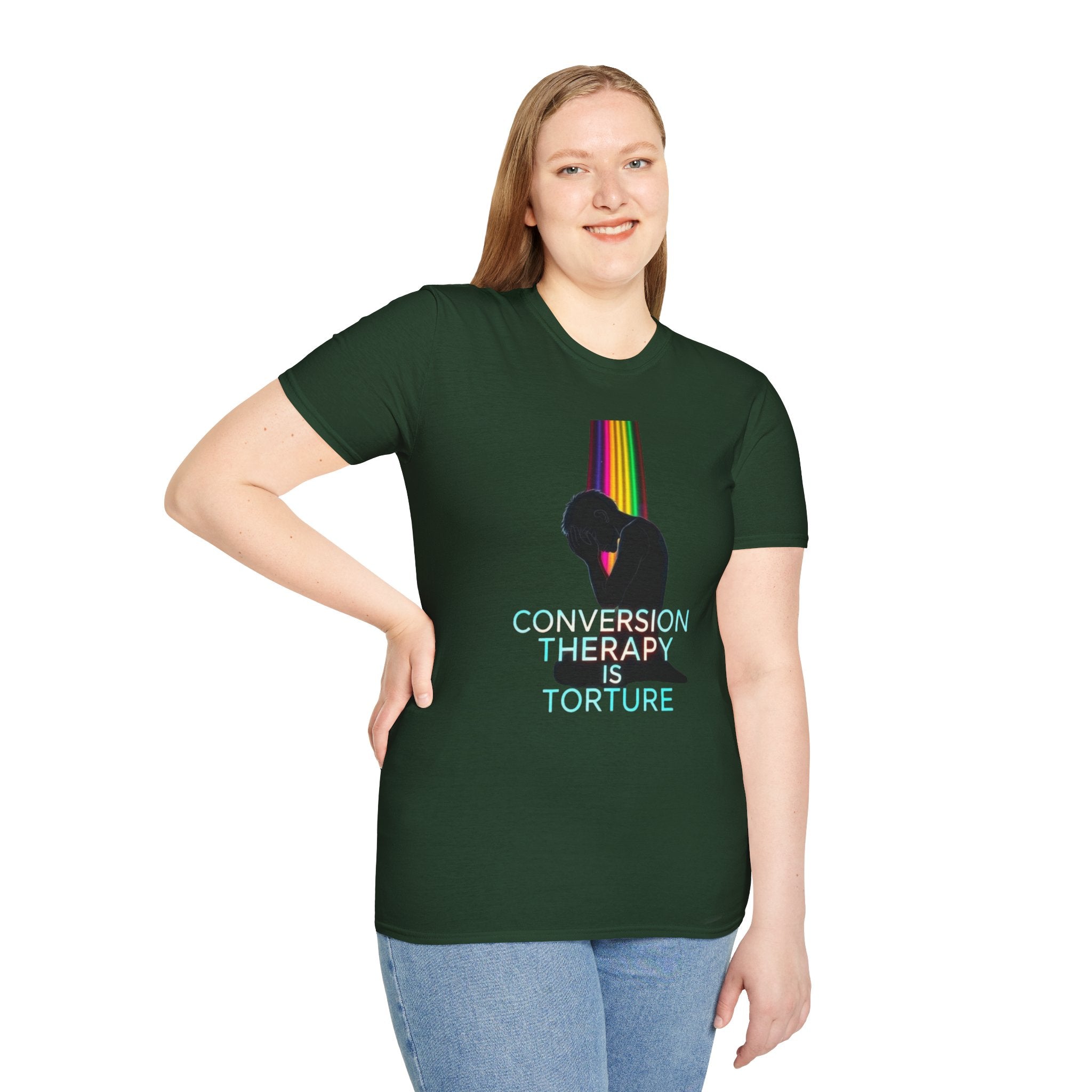 Unisex Softstyle T-Shirt - LGBTQ+ Empowerment T-Shirt: Conversion Therapy is Torture & We All Belong