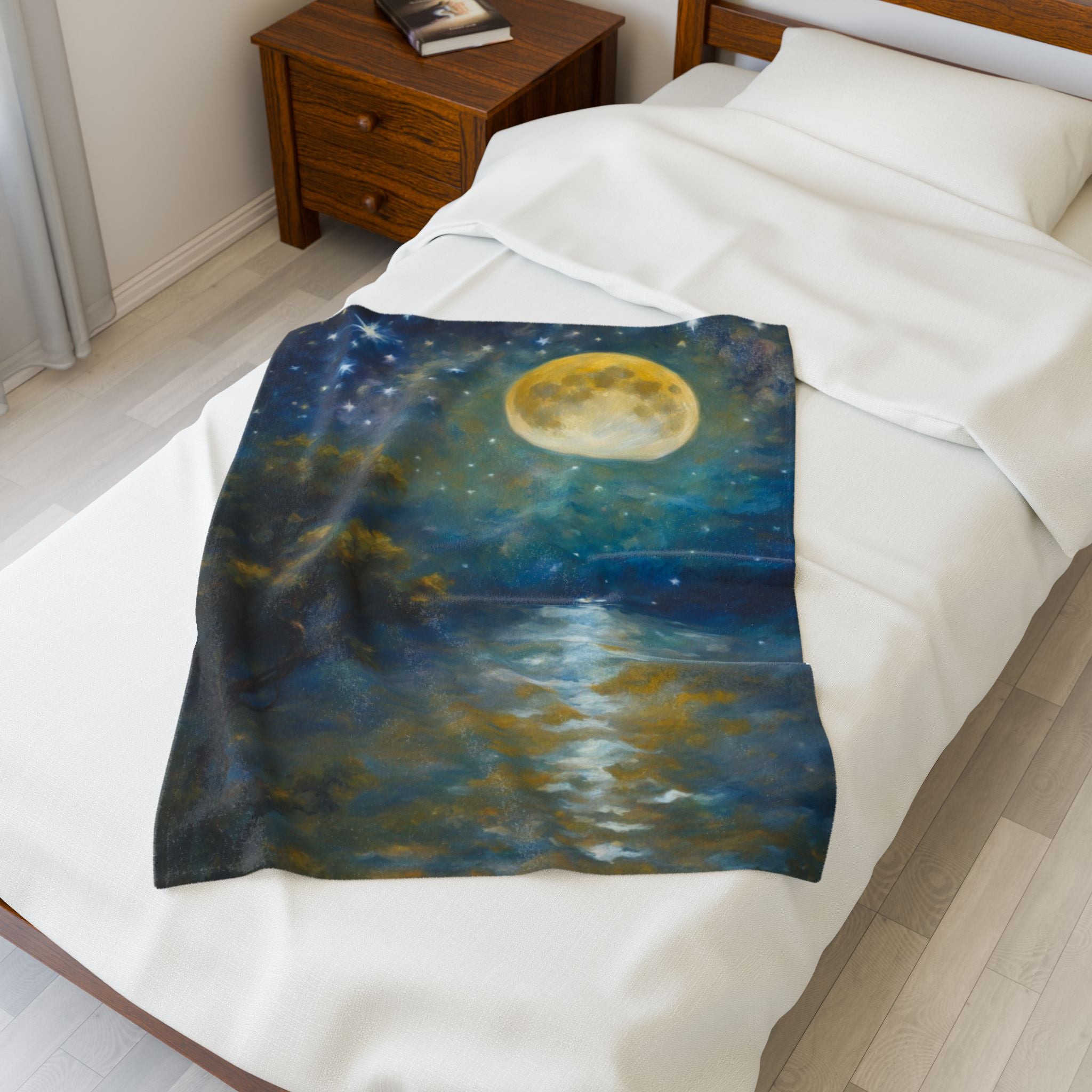 Moon over Docile Waters Impressionist Print Velveteen Plush Blanket – For Comfort and Warmth