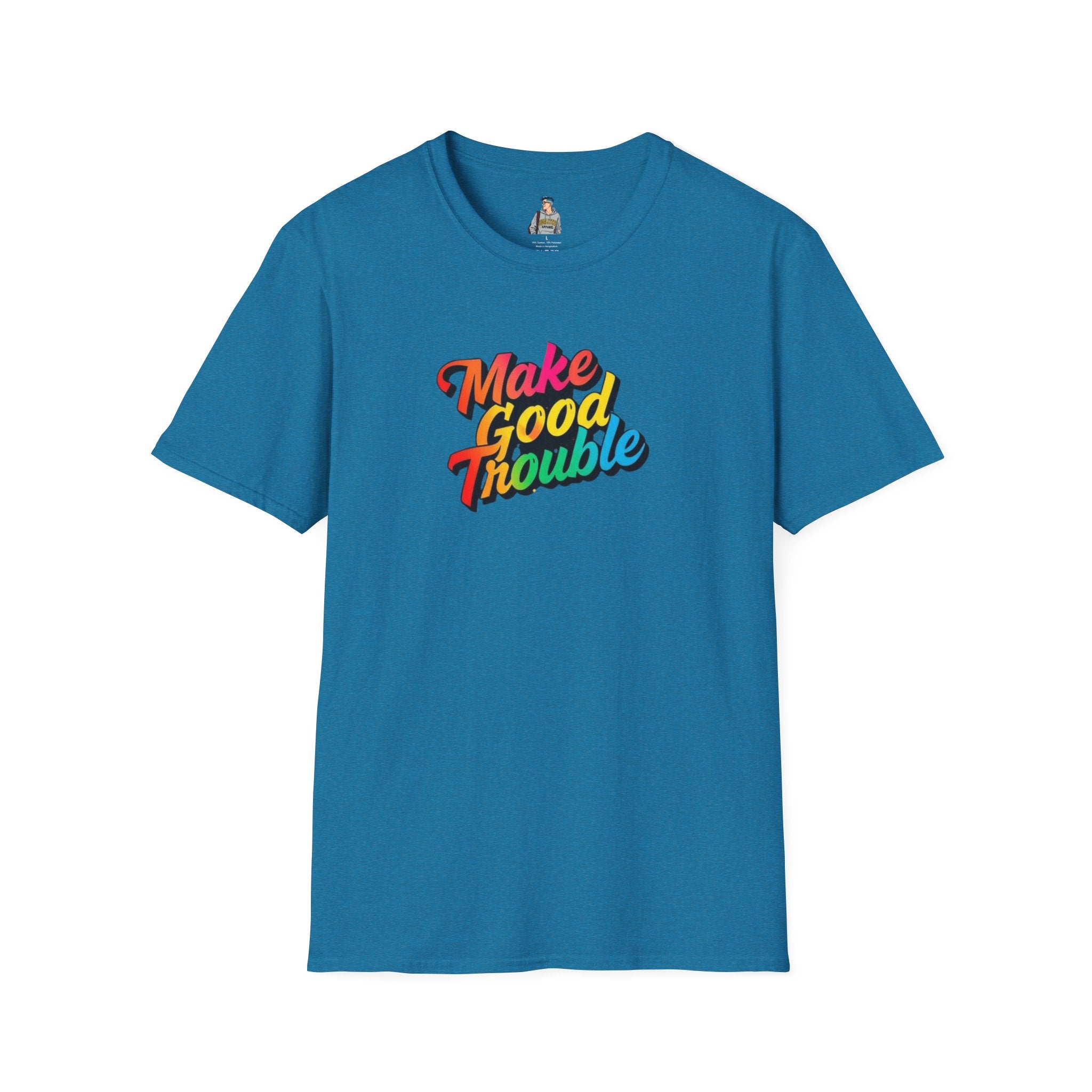 Inspirational Unisex Softstyle T-Shirt - 'Make Good Trouble' Rainbow Statement Tee