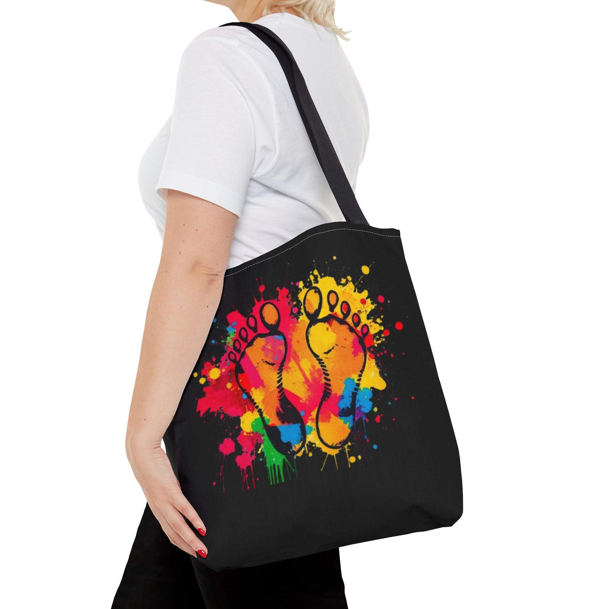 Rainbow Paint Splatter Footprints Tote Bag